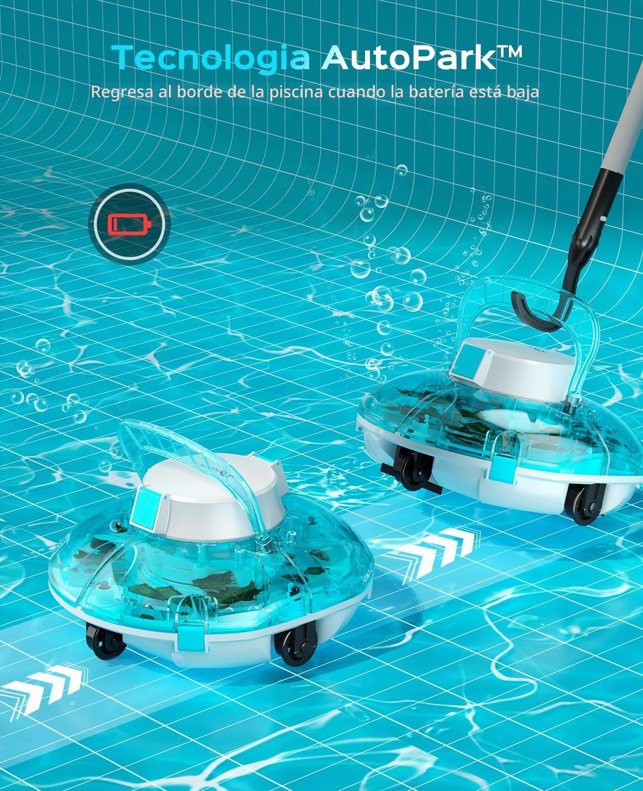 WINNY POOL CLEANER Winny 200 – Robot Limpiafondos Inalámbrico, Doble Filtración, Estacionamiento Aut., 75 Min Autonomía, Piscinas Desmont. hasta 60 M², Compacto Y Ligero(Transparente Azul)
