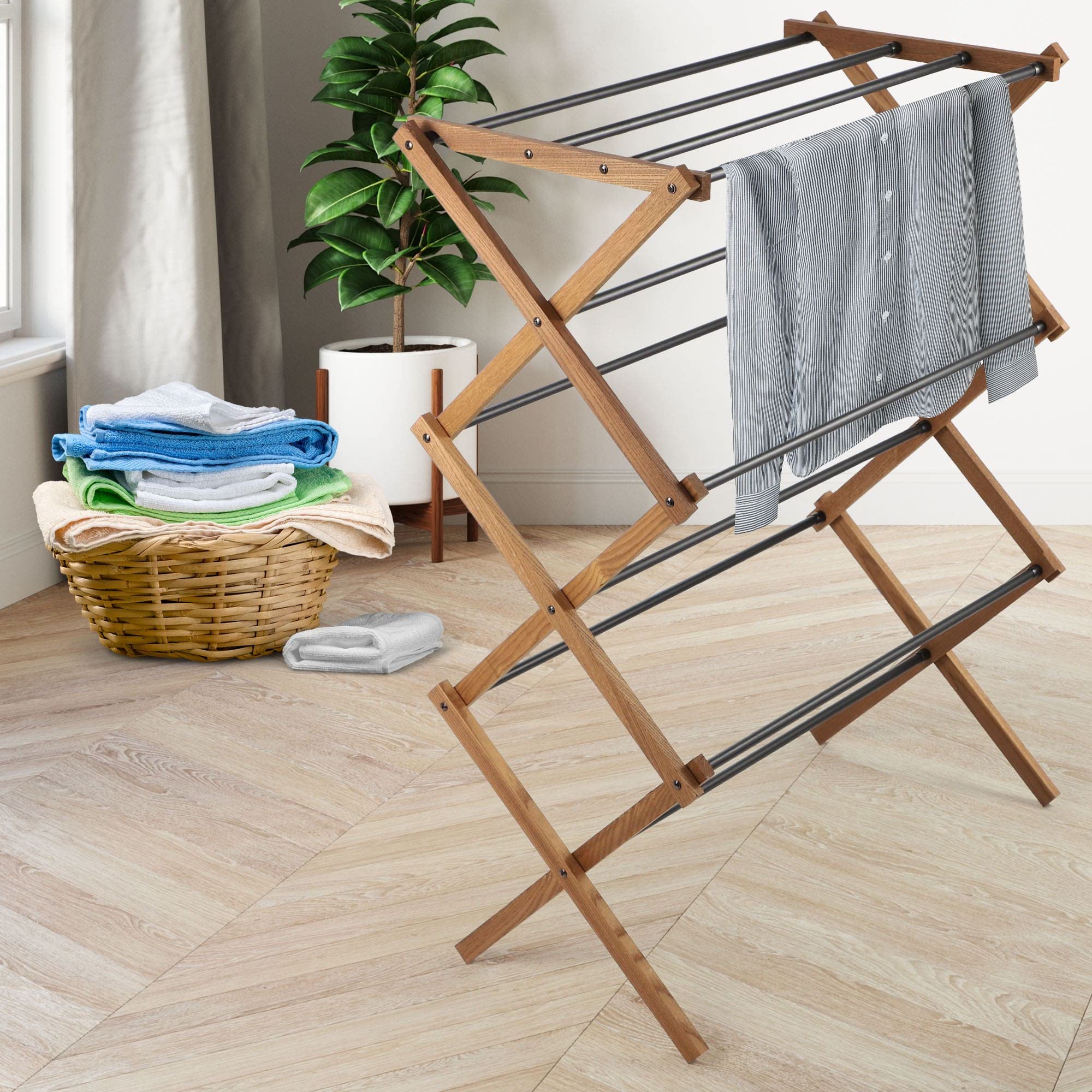 KADAX Standtrockner aus Holz, Vollständig montiert, klappbarer Turmwäscheständer mit 7m² Trockenfläche, Holzwäscheständer, platzsparender Trockner (73x97cm)