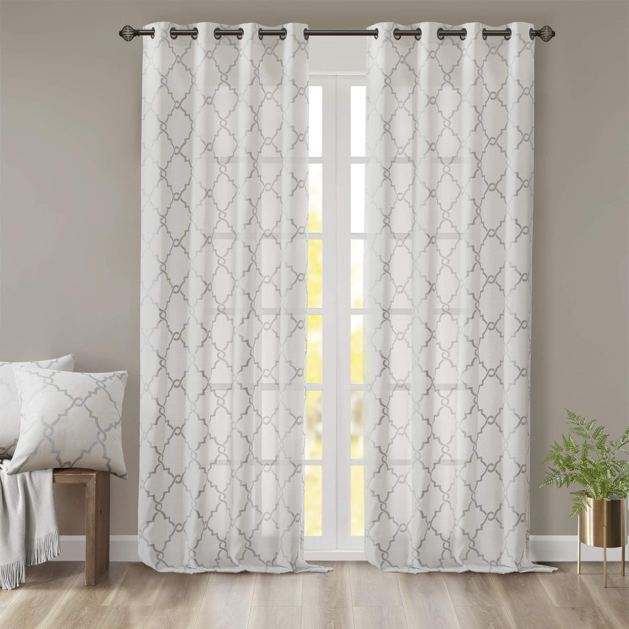 Madison Park Saratoga Single Window Curtain Light Filtering Fretwork Print 1 Panel Grommet Top Drape for Living Room Bedroom and Dorm, 50x95", Ivory/Grey