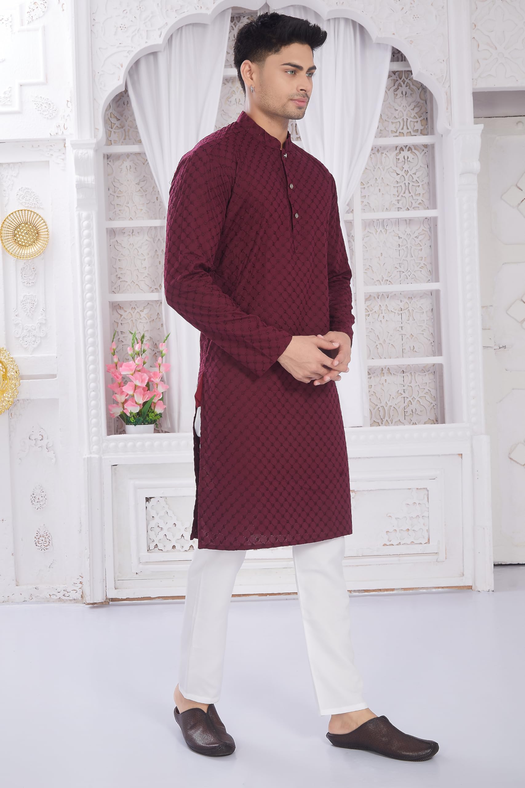 DIVISIVE Men's Thread Embroidered Cotton Only Slim Fit Kurta (DKRT631_XL_Burgundy) - Image 3 thumbnail