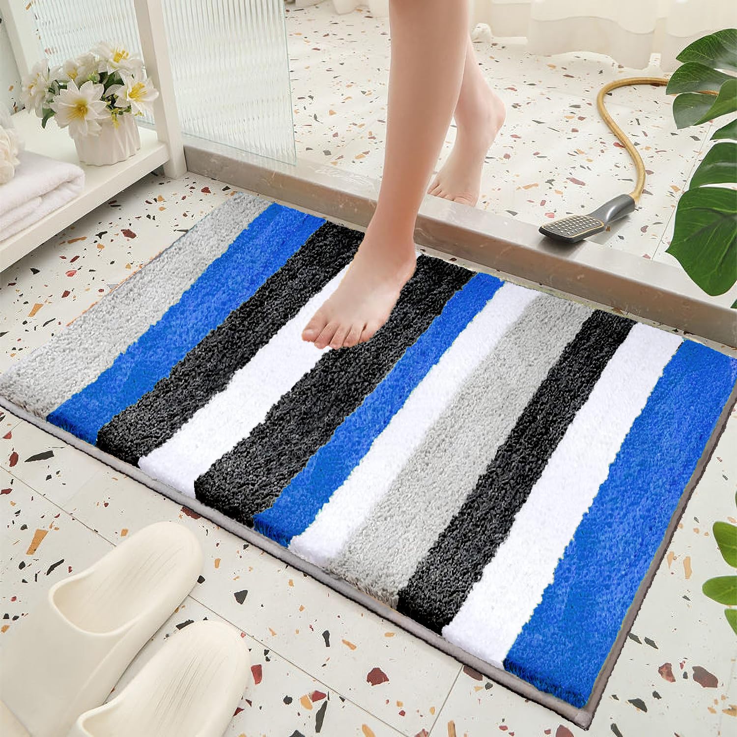 Roseate Luxury Super Soft (40x60 cm) Microfibre Striped 2000 GSM Bath Mat Super Absorbent Anti Skid Mats for Bathroom/Bedroom/Kitchen/Door Mat/Floor Mat (Blue) Pack of 1