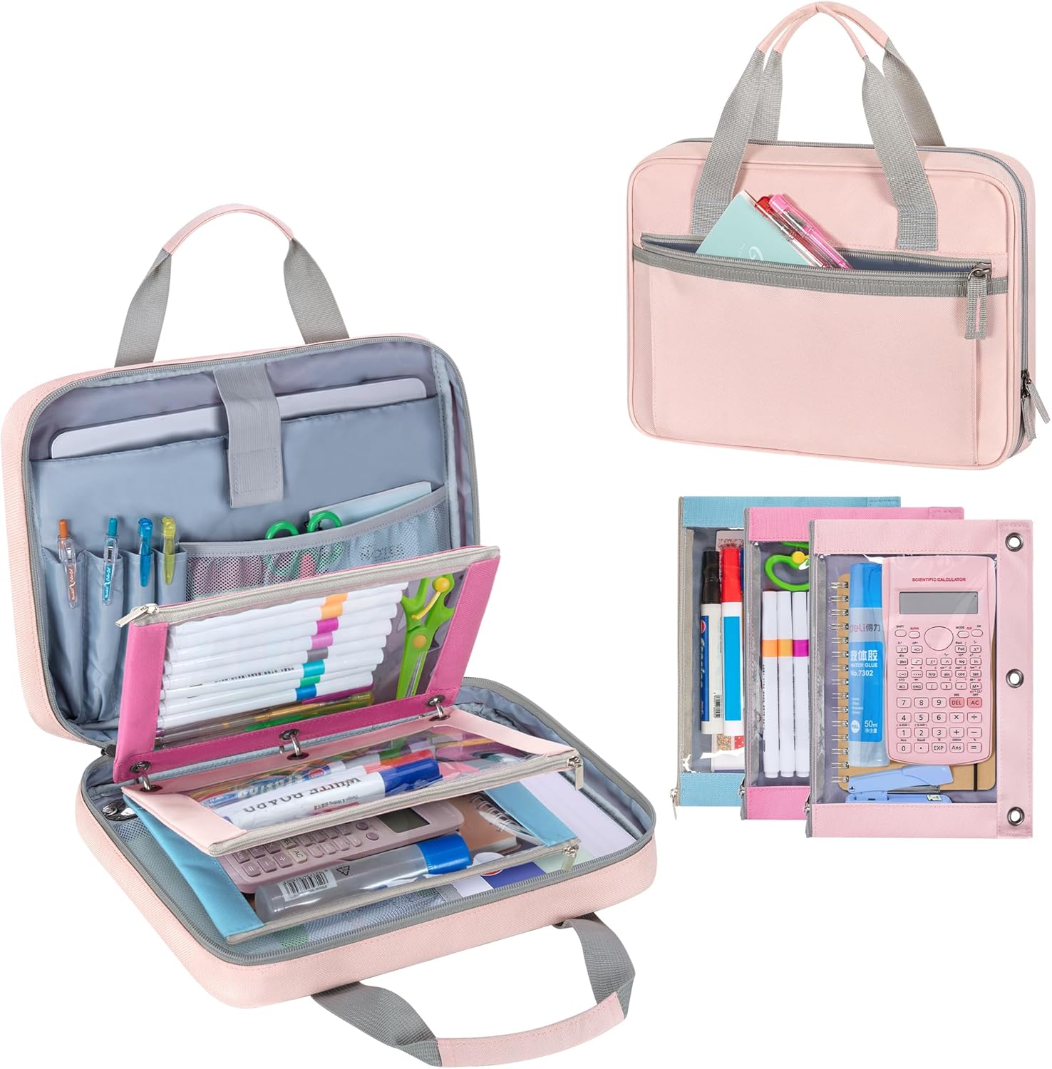 YARWO 2026 Upgraded Zipper Binder with 3 Pencil Pouches, Small File Organizer with Multi Pockets & Padded Sleeve Fits 13” iPad, Loose Leaf Paper, Name Card & Stationery for School, Office, Work, Pink