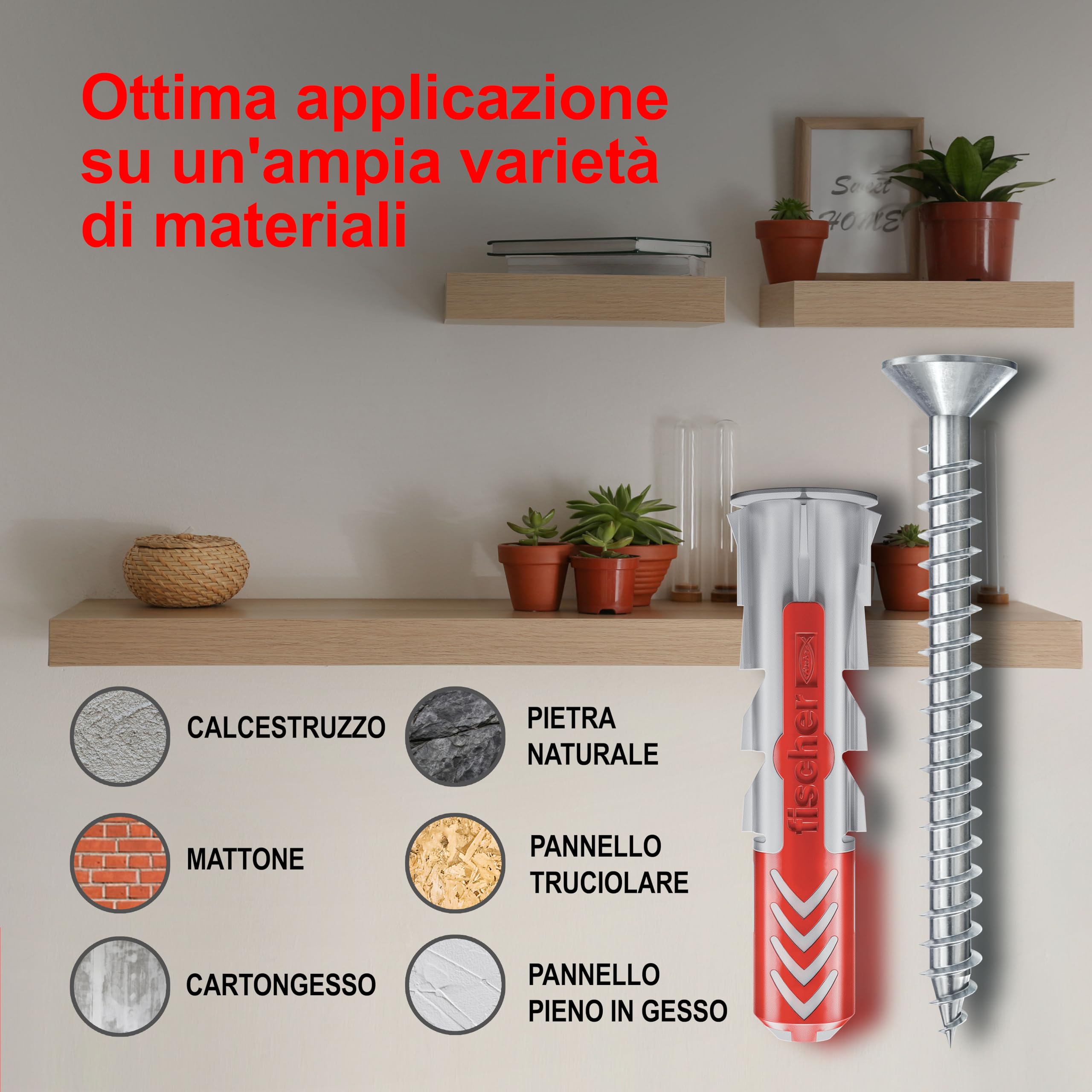 Fischer DuoPower Tasselli con Vite 6x30 mm 100 pezzi per Muro pieno Mattone Forato Cartongesso