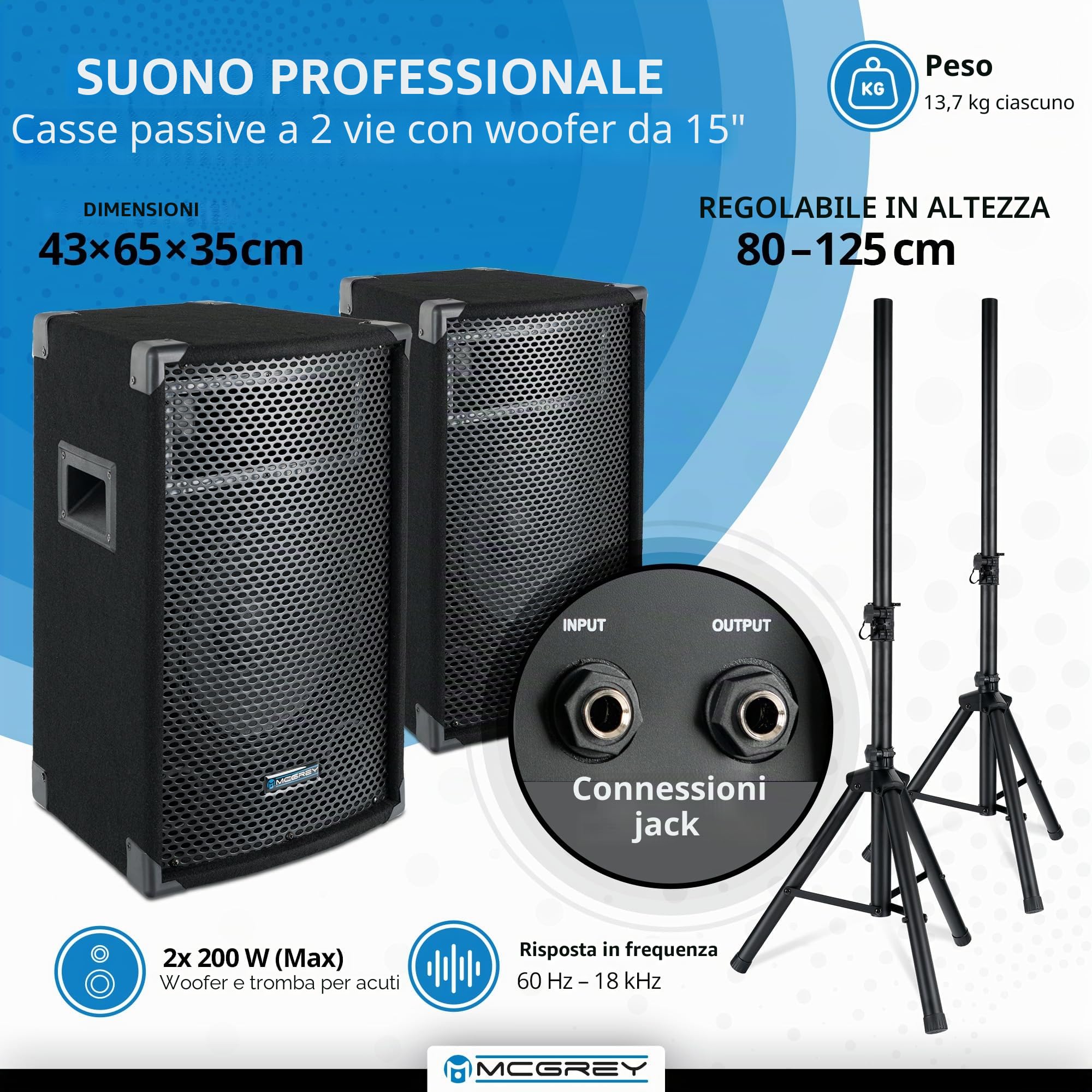 McGrey BP-215 Bandpack PA-System: mixer amplificatore 8 canali, riverbero digitale, Bluetooth, slot USB/SD, casse 2 vie 15" woofer, microfono, supporti, cavi, 150 Watt.
