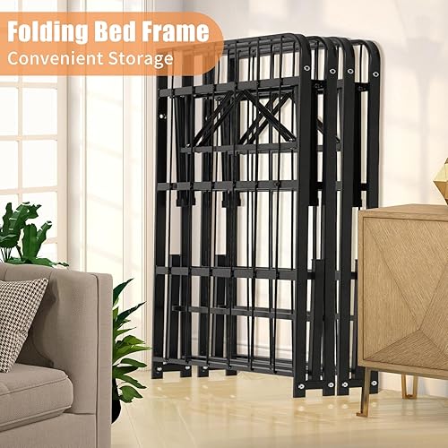 Miniatura 5 de BLKMTY Base de cama plegable de metal tamaño Queen con listones de acero, soporte de colchón de hasta 1000 libras, no necesita somier, sin ruido,