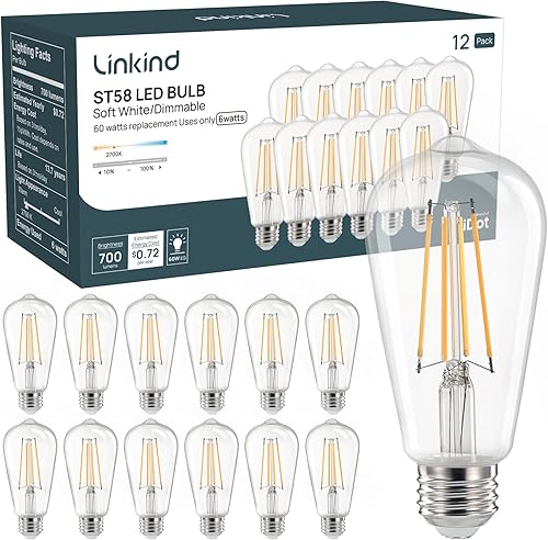 Linkind Bombillas Edison equivalentes a 60 W, bombillas LED Edison vintage E26 regulables ST58, bombilla LED de filamento decorativo antiguo, 6 W