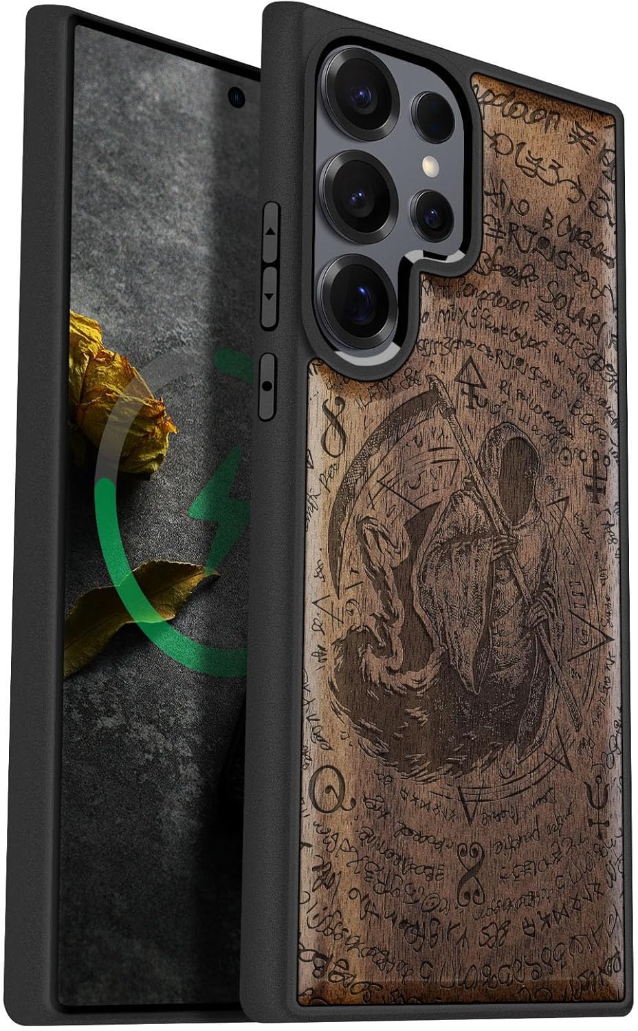 Carveit Magnetic Wooden Case for Samsung Galaxy S25 Ultra Case 2025, TPU Shockproof Cover & Wood Artisan Engraved, Compatible with MagSafe Wireless Chargers (The Grim Reaper of Carved) Walnut