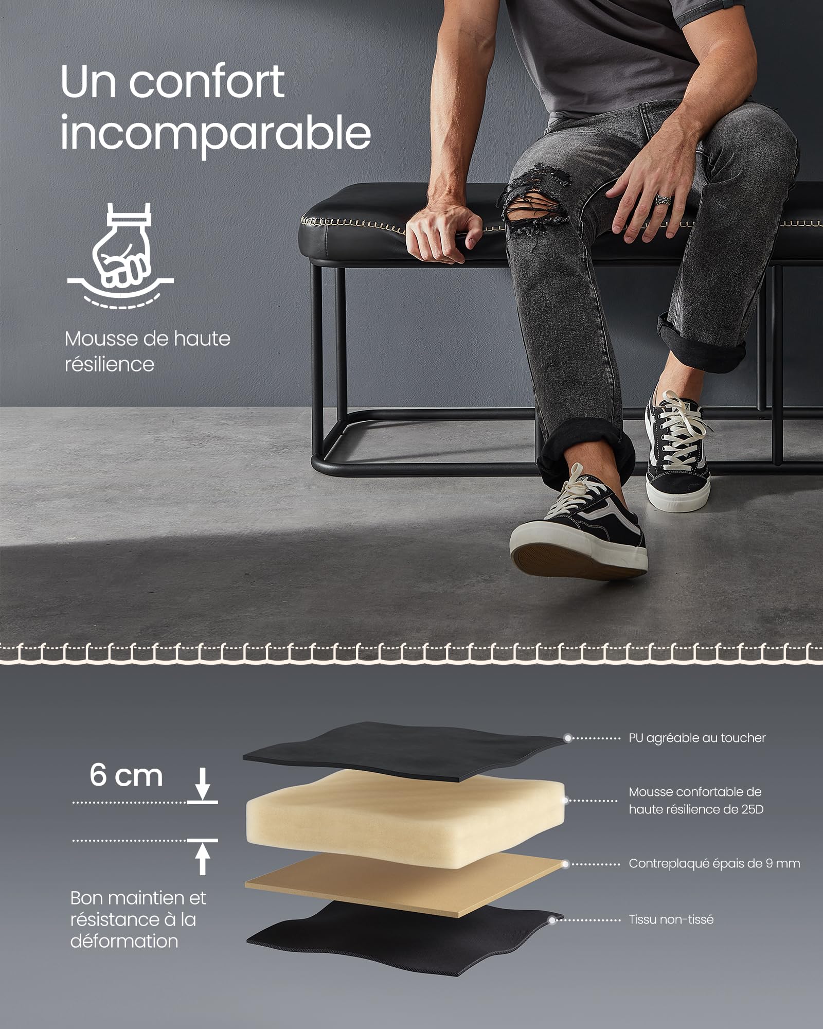VASAGLE EKHO Collection - Banc pour Entrée, Chambre, PU avec Coutures, Bout de Lit, Cadre en Acier, pour Salon, Salle à Manger, Moderne Mi-siècle, Capacité de 300 kg, Noir d'encre LOM073B01