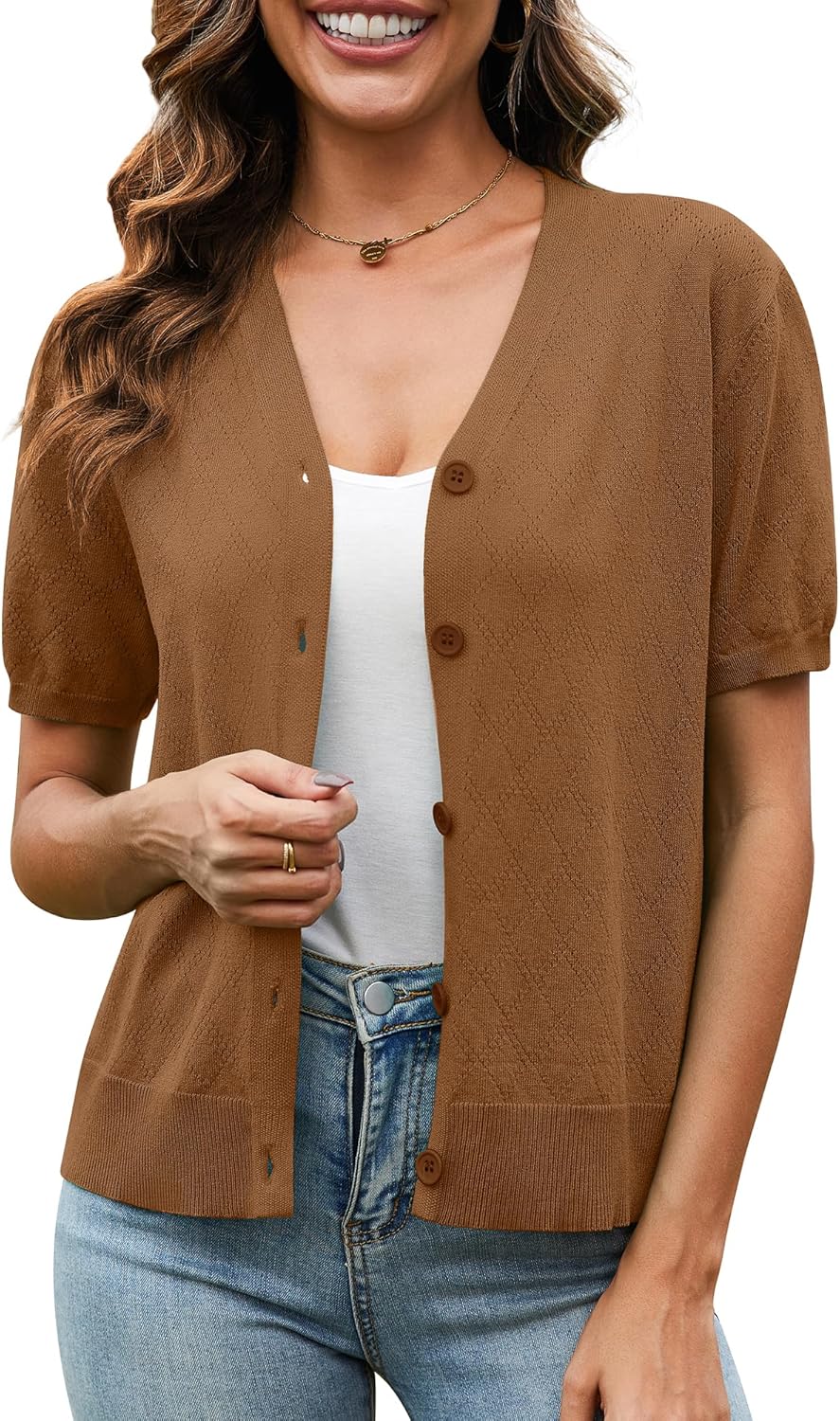 VIISHOW Short Sleeve Lightweight Summer Cardigan for Women, Button Down Open Front V Neck Crochet Knit Cropped Bolero Shrugs