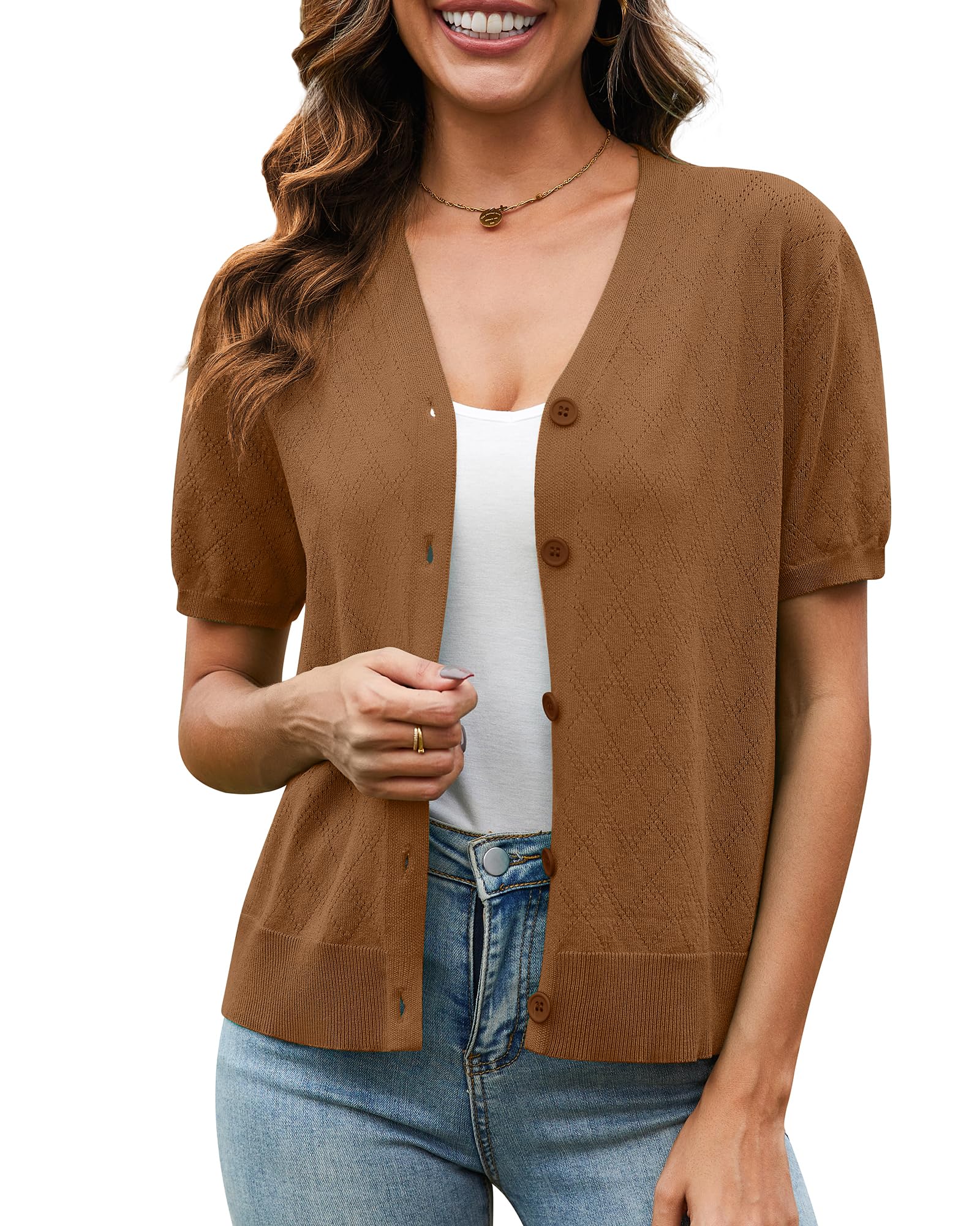 VIISHOW Short Sleeve Lightweight Summer Cardigan for Women, Button Down Open Front V Neck Crochet Knit Cropped Bolero Shrugs