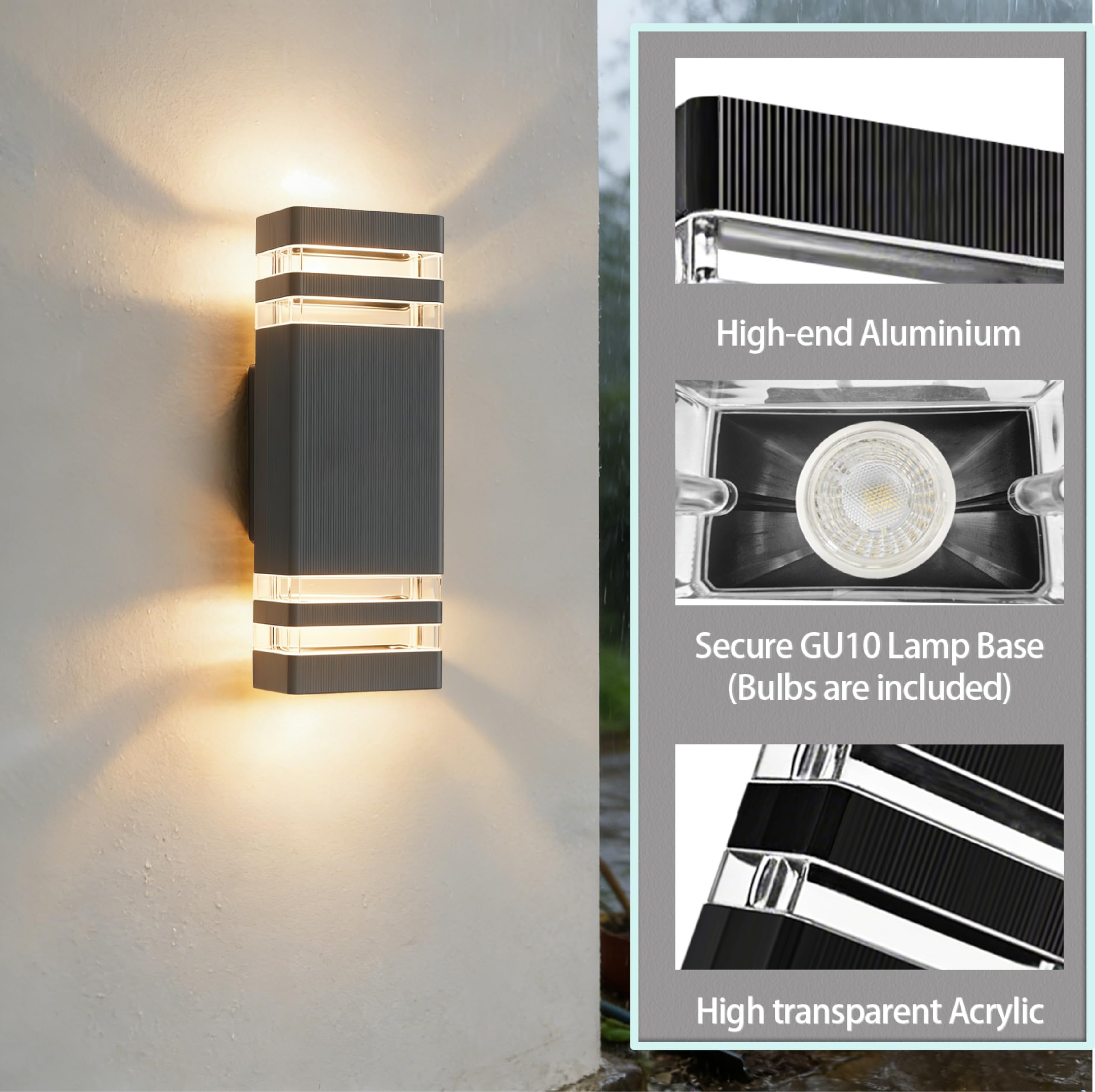 JNR Aussenlampe Wand IP54 Wasserdichte LED Wandleuchte Aussen, Außenlampe Wand 2 * 5w GU10 3000K Warmweiß Glühbirne, Außenleuchte Wand LED Aussenleuchte, Anthrazit Grau
