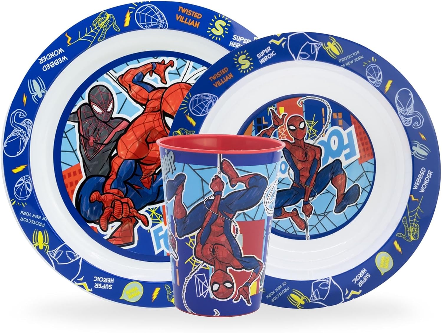 Spiderman Children's Tableware Set Reusable Crockery Set Children's Dinnerware Microwaveable Plastic Children's Crockery Plate Cereal Bowl Breakfast Set Drinking Cup 260 ml
