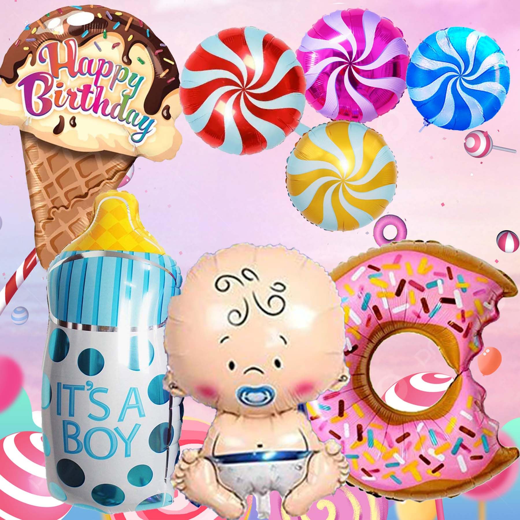 CAMARILLA Candy Theme Boy Birthday Decorations/ New Born Baby Boy Welcome Home Kit/Ice Cream Foil/Baby shower/Birthday Decoration/Baby Boy Face /,Candi Donut Foil/ Feeder Bottle Balloon For Boy (8Pcs)