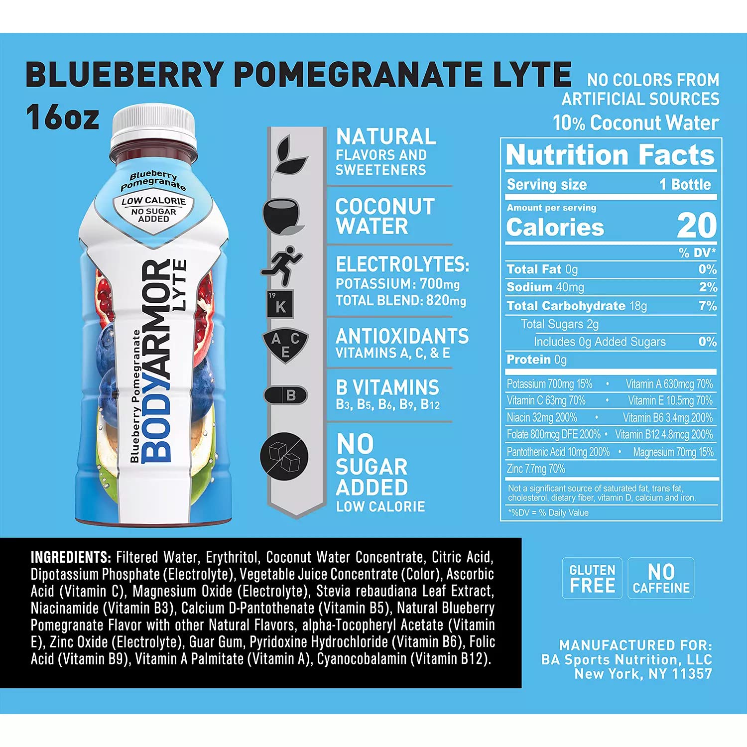 BODYARMOR LYTE Sports Drink Variety Pack - Blueberry Pomegranate, Peach Mango, Watermelon and Tropical Coconut (16 fl. oz. / 20 pk.) - Low Calorie - No Sugar Added. (1 - Pack) : Grocery & Gourmet Food