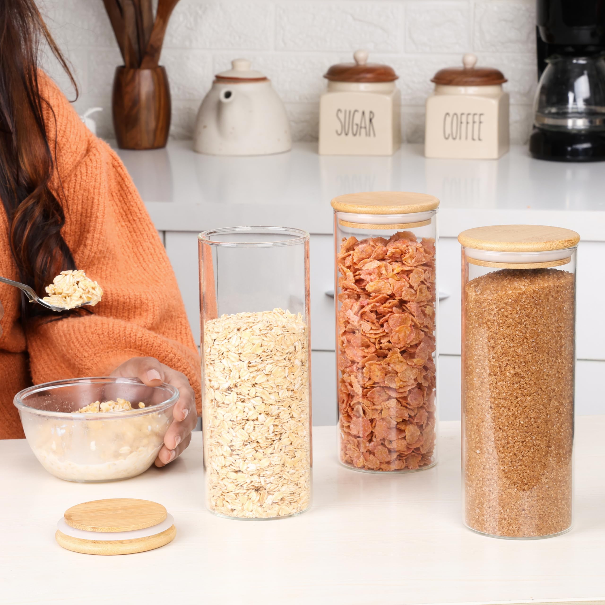 Voorraadpotten Met Deksel En Lepel - 400 Ml - Thee Potjes Voor De Voorraadpotten Met Houten