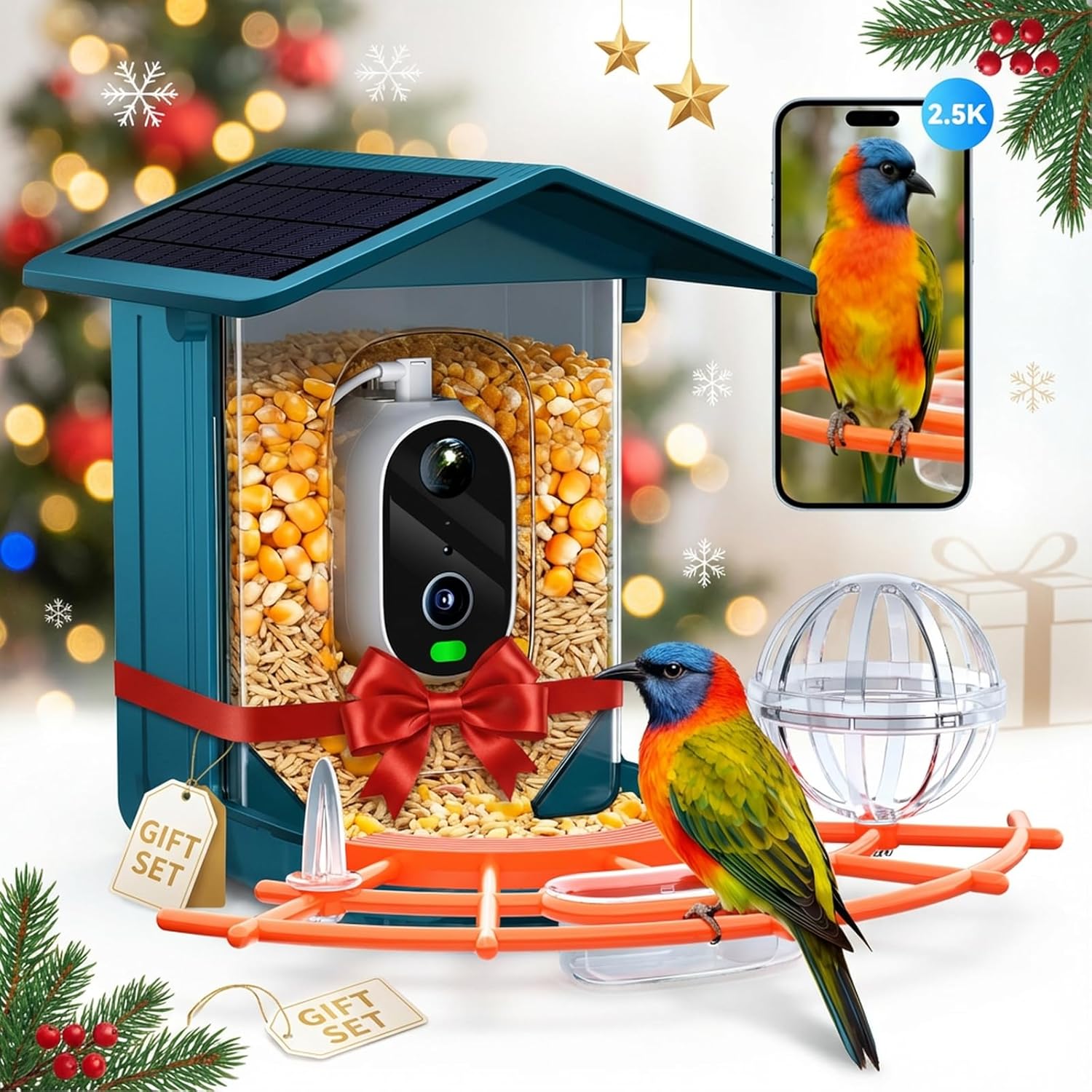 Smart Bird Feeder with Camera Solar Powered - 2.5K 4MP Birds Feeder Camera for Outdoors Garden with AI Identify, Squirrel Proof, Rechargeable Battery WiFi Video Bird Feeder Cam, Gift for Birds Lover