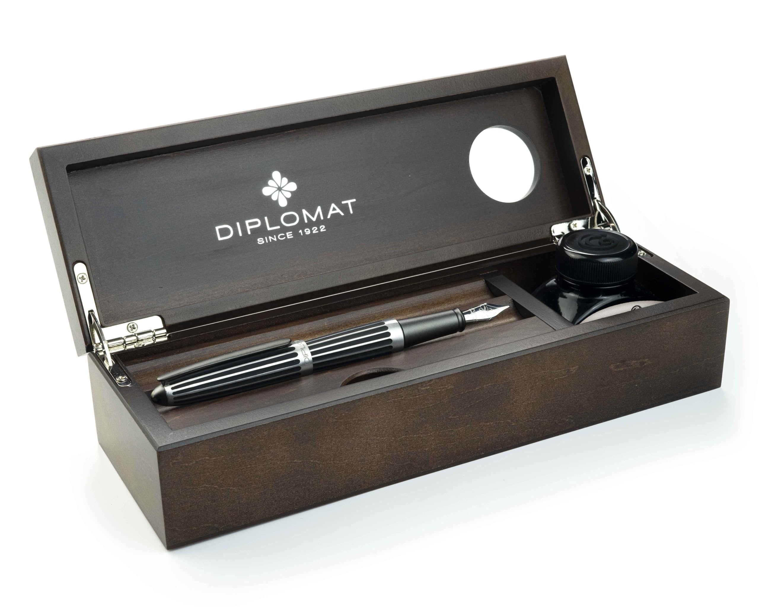 Diplomat Aero Stripes Black, l'innovant stylo-plume avec plume en acier inoxydable M et encre d'écriture bleu royal (effaçable),parure avec un plumier en bois précieux de wenge