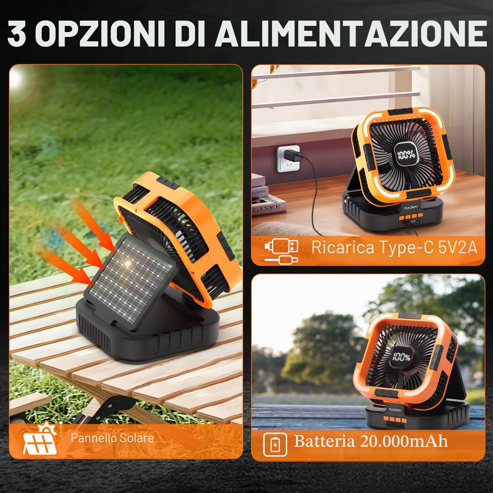 Raddy CF3 Ventilatore da campeggio ricaricabile 20.000 mAh, portatile, batteria integrata, pannello solare 3 W, USB, luce LED, 6 velocità, oscillazione 90°, tenda, BBQ, outdoor & emergenze, arancione