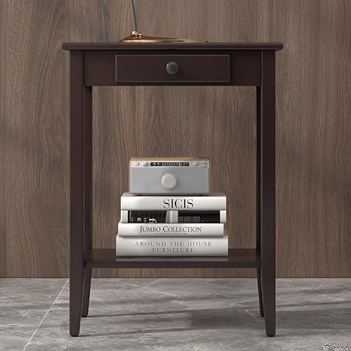 Miniatura 3 de Mesa auxiliar de 2 niveles, estante de almacenamiento para mesita de noche con cajón, soporte para tocadiscos, mesa auxiliarmesita de noche para