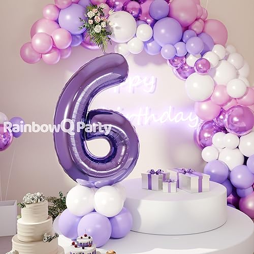 Miniatura 7 de RainbowQ Party Globo de número 6 de 40 pulgadas para niño o niña, color morado grande 0-9, globos grandes de Mylar de 6 números, suministros de