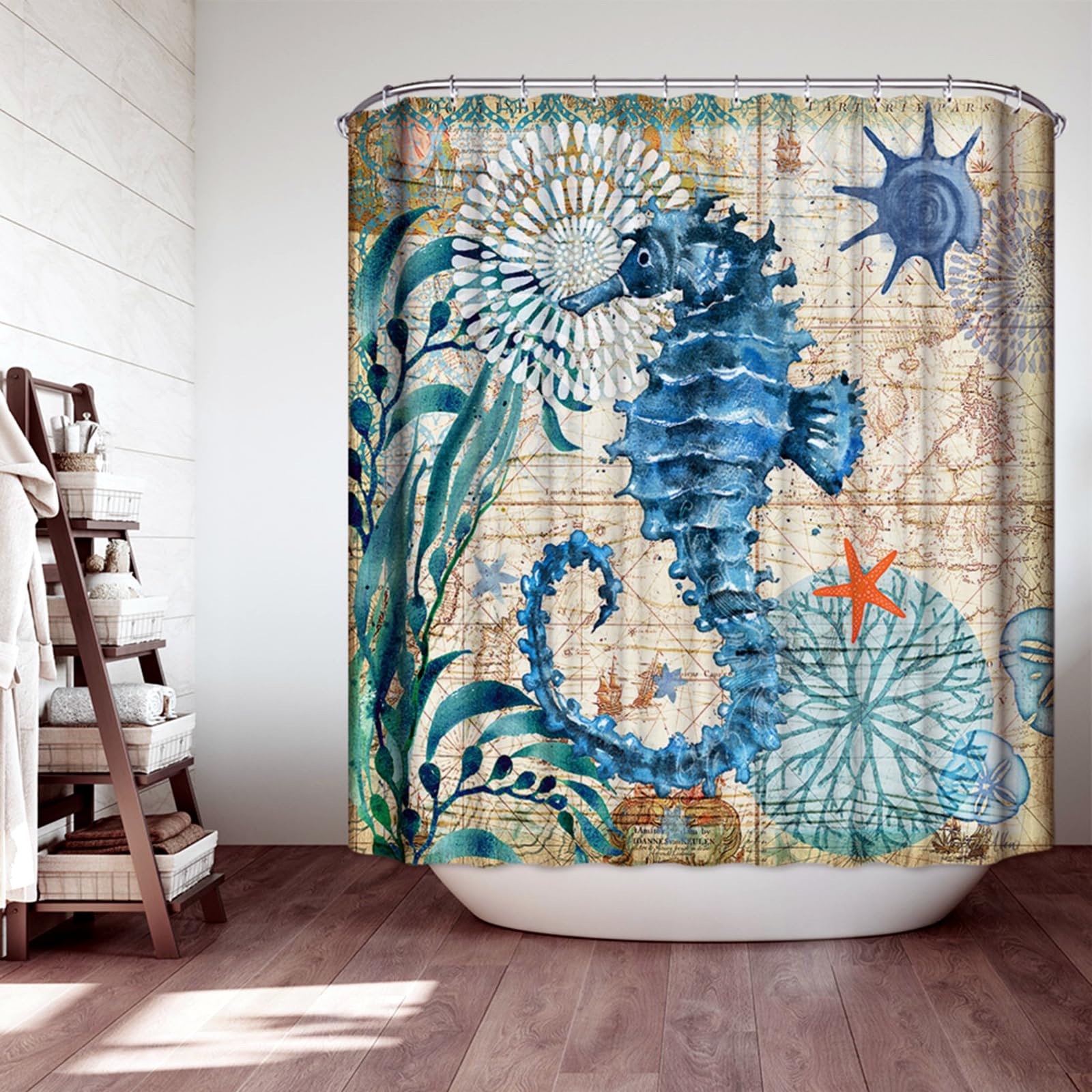 Jmahm Colorful-Seahorse Shower Curtain Ocean Mildew Resistant Polyester Shower Curtains Bathroom With 12 Hooks Bath Curtains Marine Organism Bathroom Curtains (180X200, )