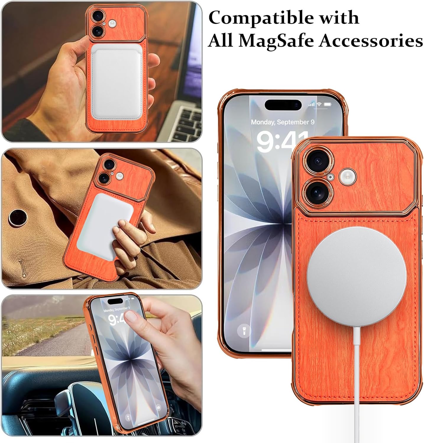 LSL Case for iPhone 17 [Compatible with MagSafe] Wooden Pattern Print Design Soft TPU Plating Bumper Full Camera Lens Anti-Drop Anti-Scratch Shockproof Protective Slim Magnetic Cover - Orange