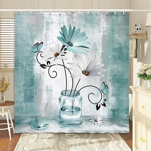Miniatura 4 de Cortina de ducha rústica floral de granja, juego de cortina de ducha de campo con flores de margarita azul verdoso y mariposas abstractas, cortinas