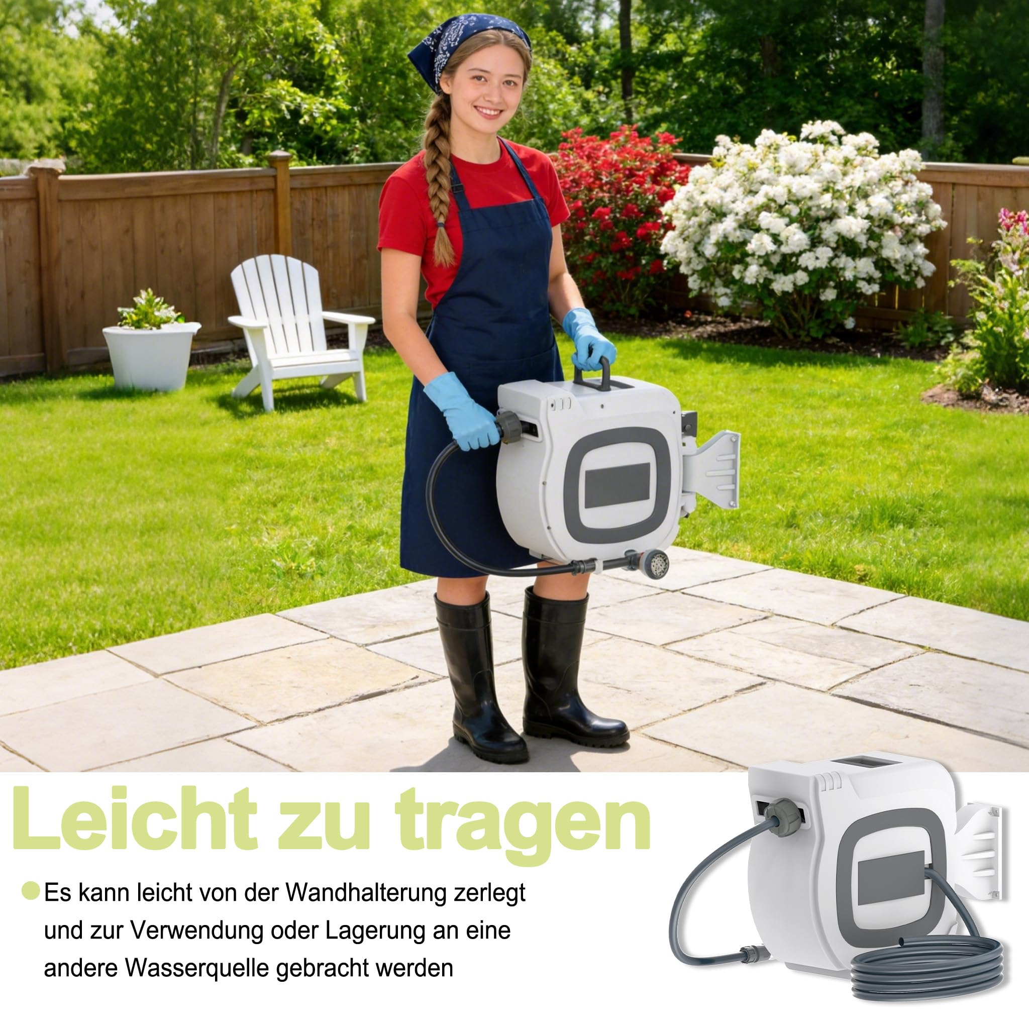 Aufun Wandmontage Schlauchtrommel 30M Gartenschlauch, Weiß | Schlauchaufroller mit Handbrause und Anschlüssen, Automatik-Aufrollung, 180° Schwenkhalterung, 10 Sprühmodi