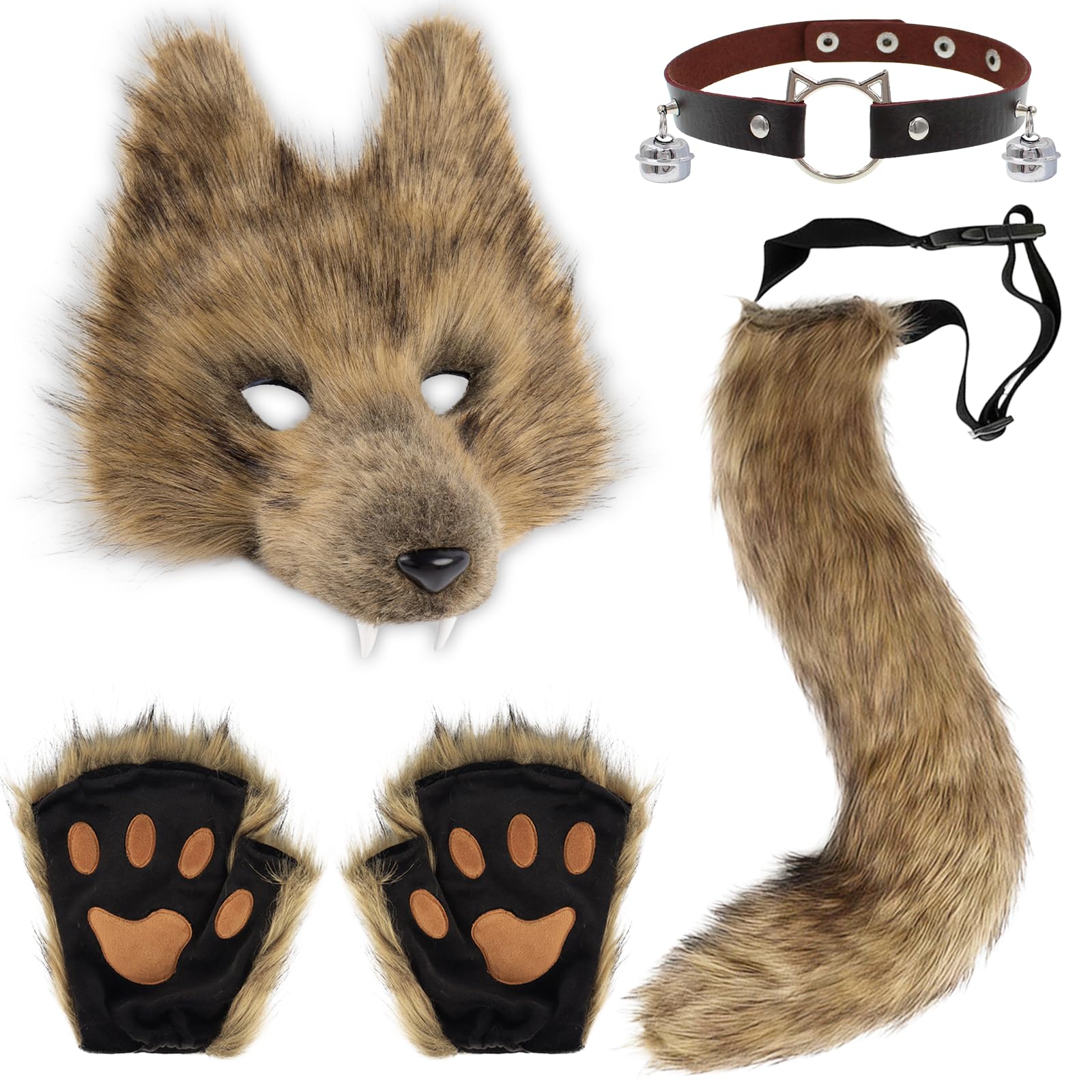 YAEGIMHT Fox Costume Set for Adults, Plush Fox Cosplay Costume Set Realistic 3D Fox Mask Fluffy Fox Tail Paw Gloves Collar Animal Costume for Halloween Carnival Cosplay World Book Day- Brown