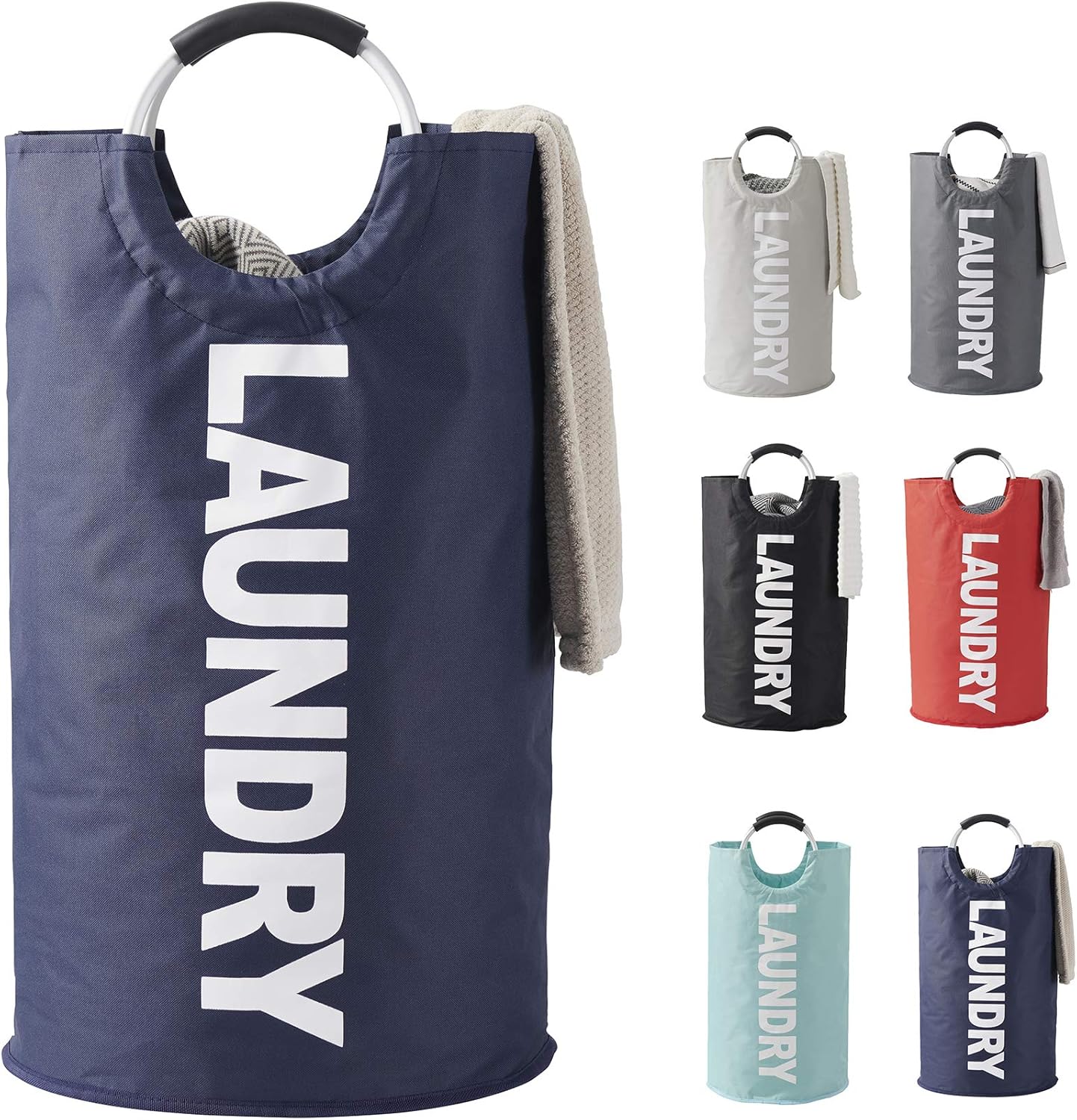 82L Large Thicken Laundry Basket Collapsible Fabric Laundry Hamper Foldable Heavy Duty Clothes Bag Portable Washing Bin Waterproof Cloth Hampers Storage with Durable Aluminum Handles (Dark Blue)