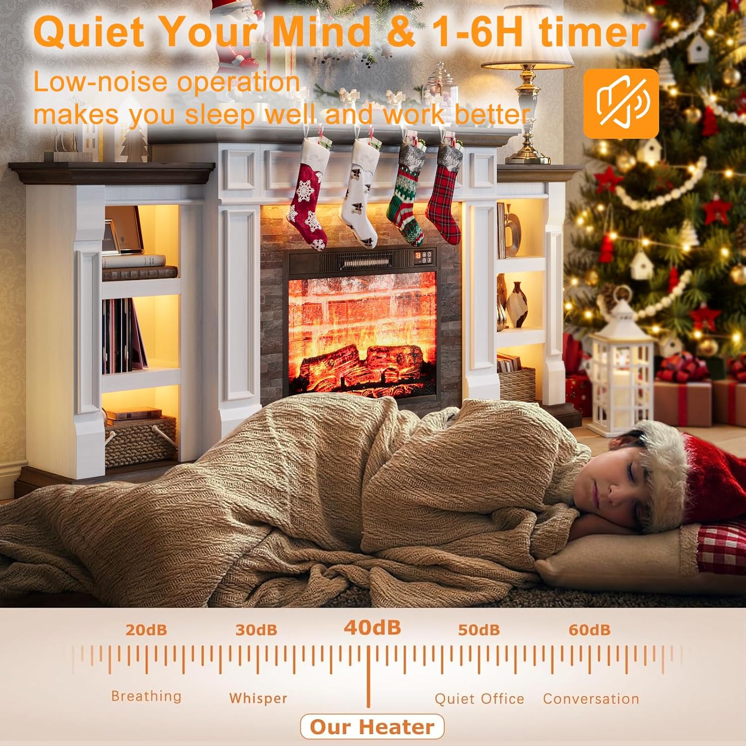 72" Electric Fireplace with Mantel and Cabinets, Fireplace TV Stand for Living Room Bedroom, LED Light, Stacked Stone Surround and 3D Realistic Flame Insert Heater