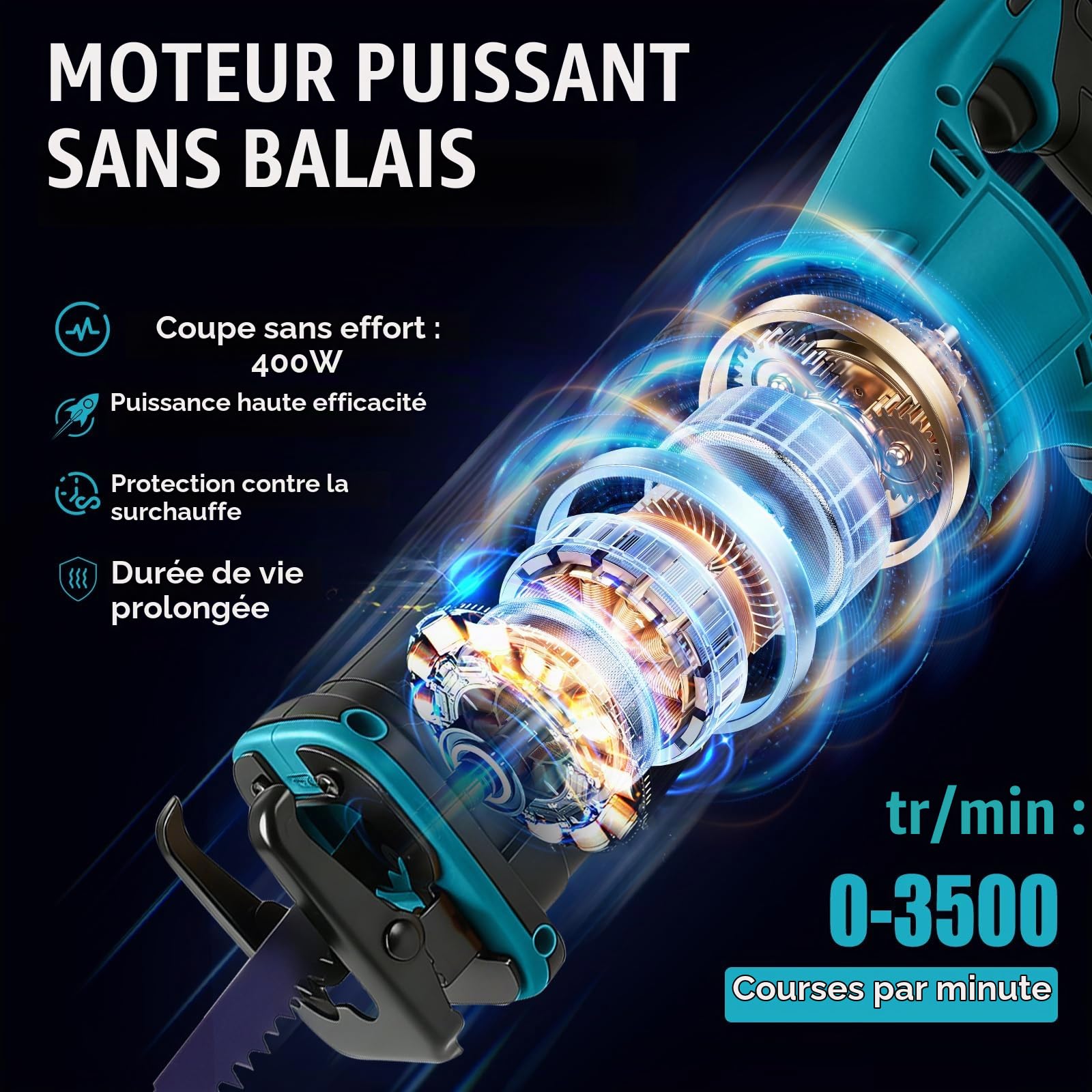Scie sabre sans fil compatible avec batterie Makita 18 V, scie sabre sans balais avec 3500 tr/min et 4 lames de scie, régulateur de vitesse en continu, pour couper le métal, le bois, le plastique