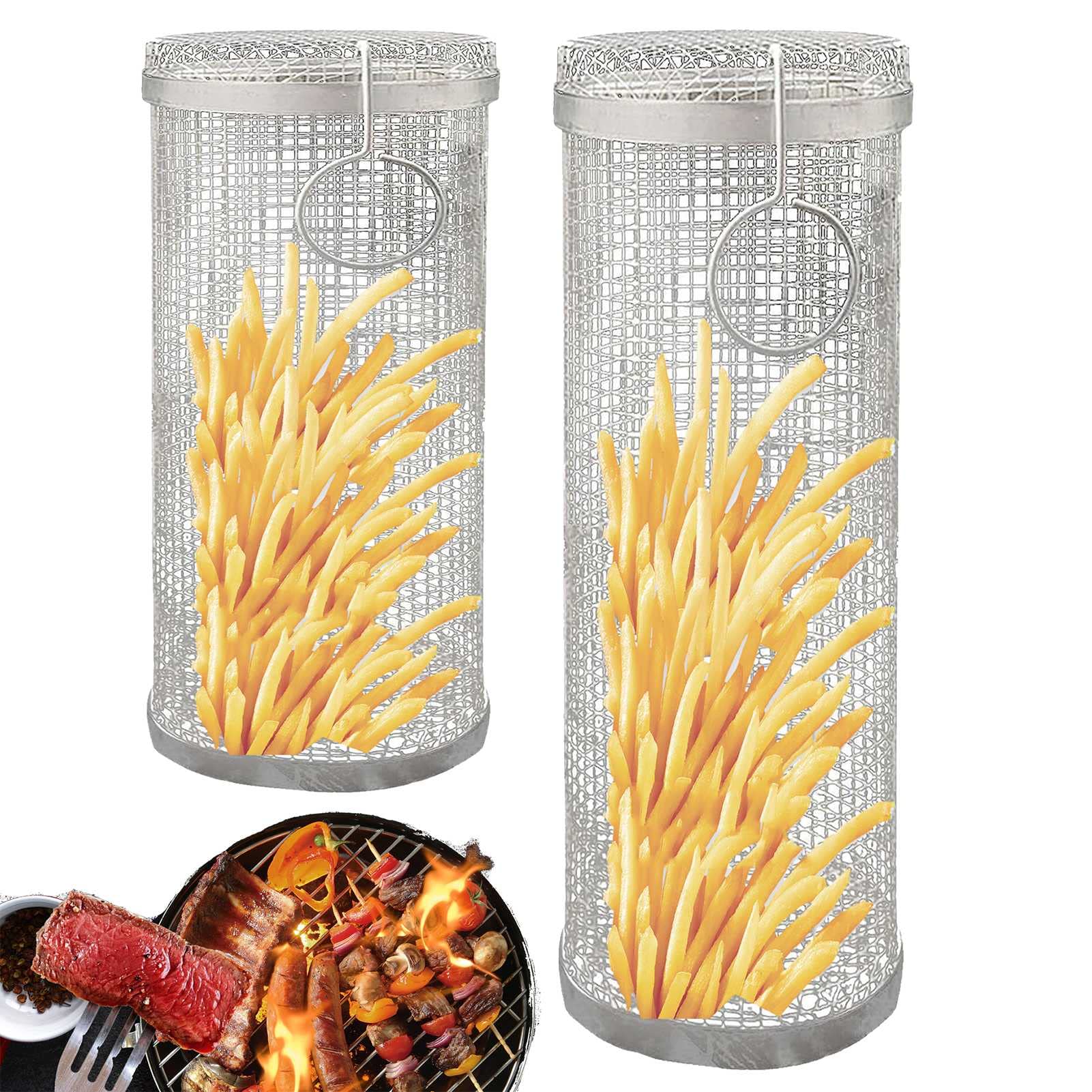 Kosz na grilla, kosz na warzywa do grilla ze stali nierdzewnej, kosz na grill z siatki drucianej, rura z siatki do grillowania, na frytki krewetki rybne (duże + małe)
