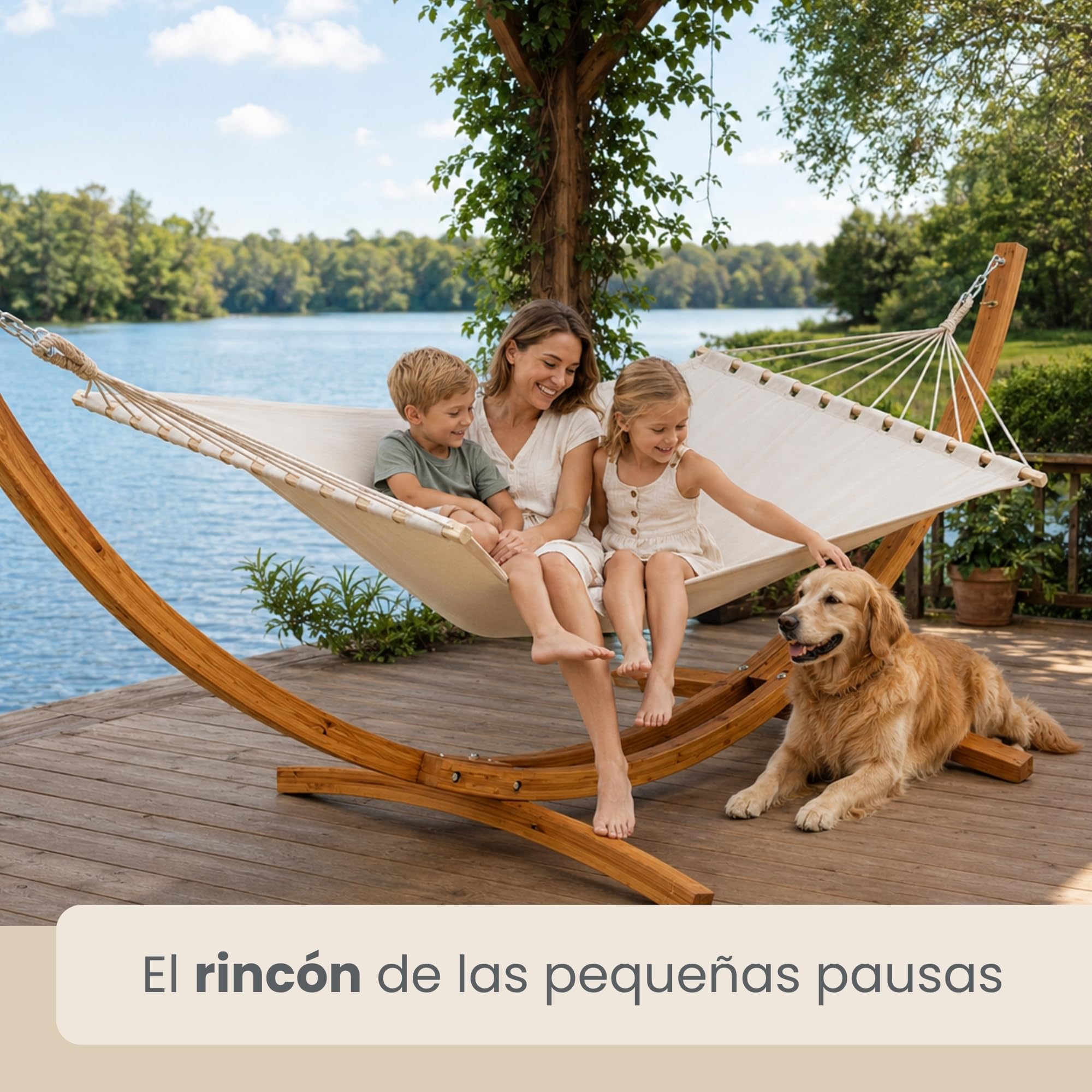 AMANKA Hamaca Terraza con Soporte - 325 cm Madera Exterior - Jardín con Colgante - Hamaca Doble - Marco de Jardín