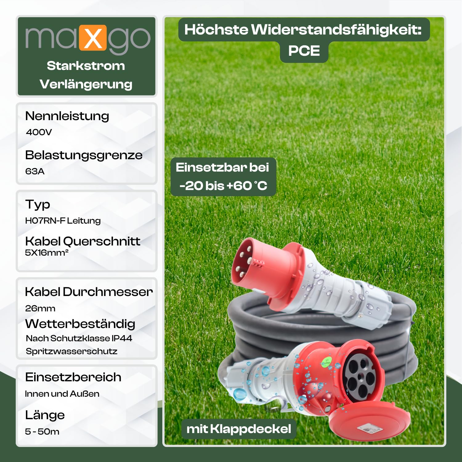 Starkstromkabel 63A 5m H07RN-F 5x16 Starkstrom Verlängerungskabel CEE Verlängerung 63 Ampere Kabel 5x16mm2 Baustelle Werkstatt Industrie Geeignet Outdoor IP44 Spritzwassergeschütz