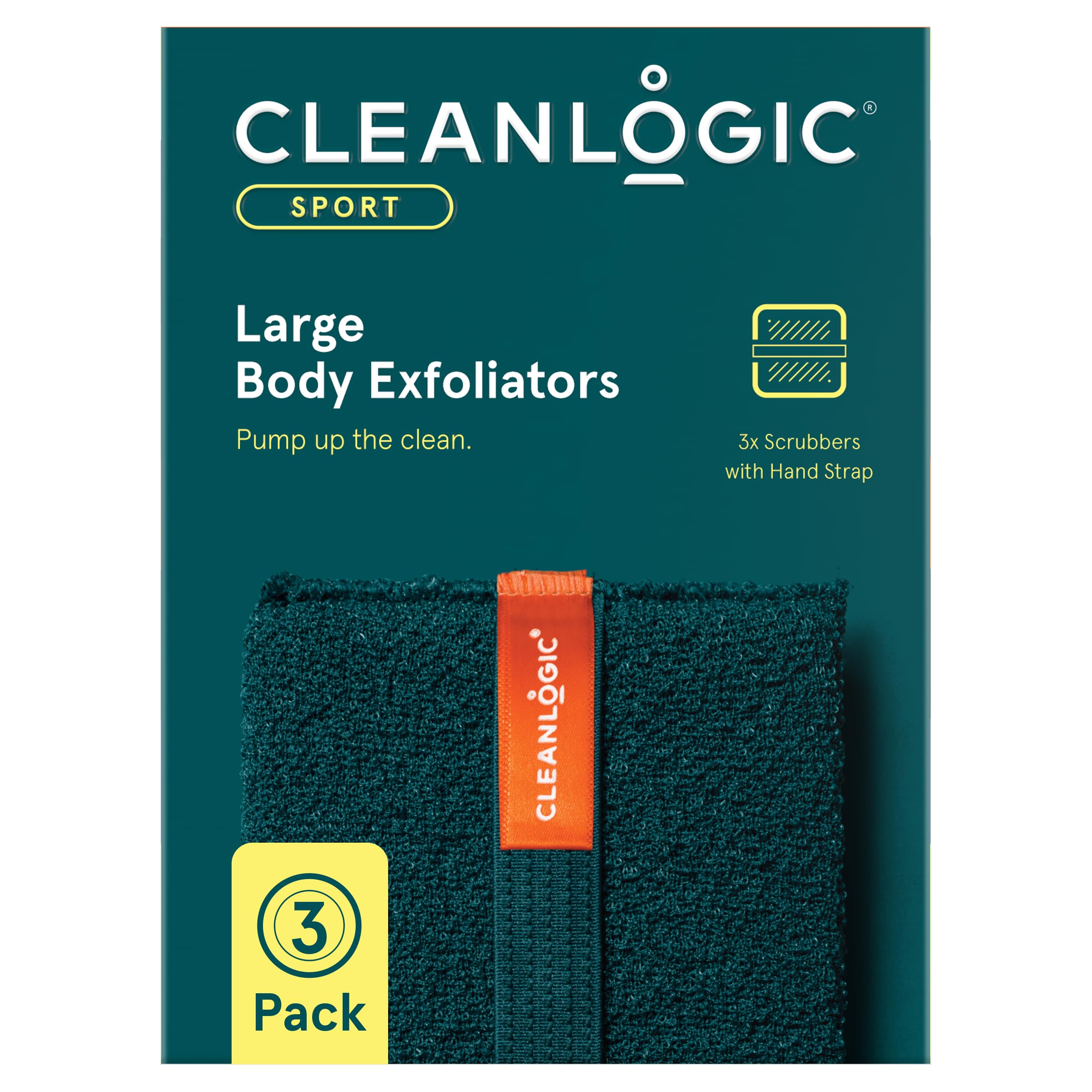 Cleanlogic Sport Exfoliating Body Scrubber, Large Exfoliator Tool for Athletes, Daily Skincare Routine for Smooth Clean Skin, Assorted Colors, 3 Count Value Pack