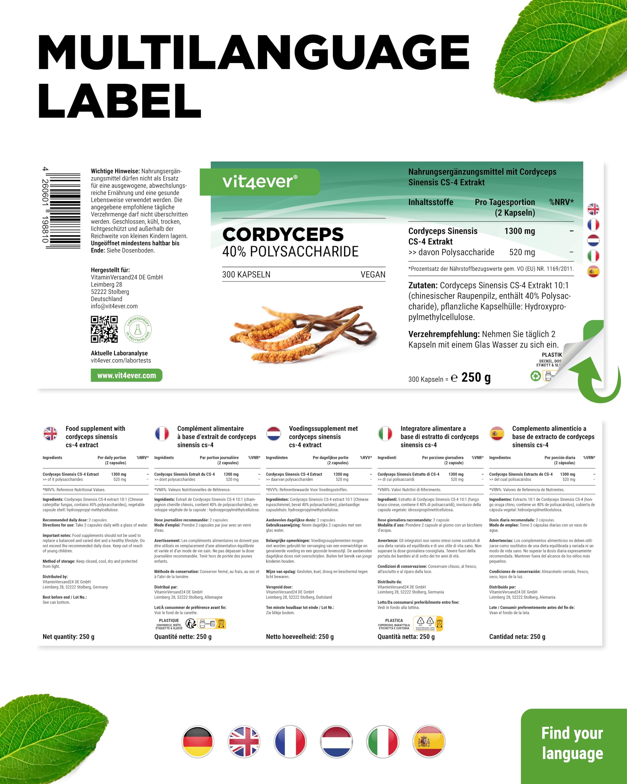 vit4ever Cordyceps Pilz - 300 Kapseln mit 650 mg echtem CS-4 Extrakt - 40% bioaktive Polysaccharide - Hochdosiert - Raupenpilz - Vegan