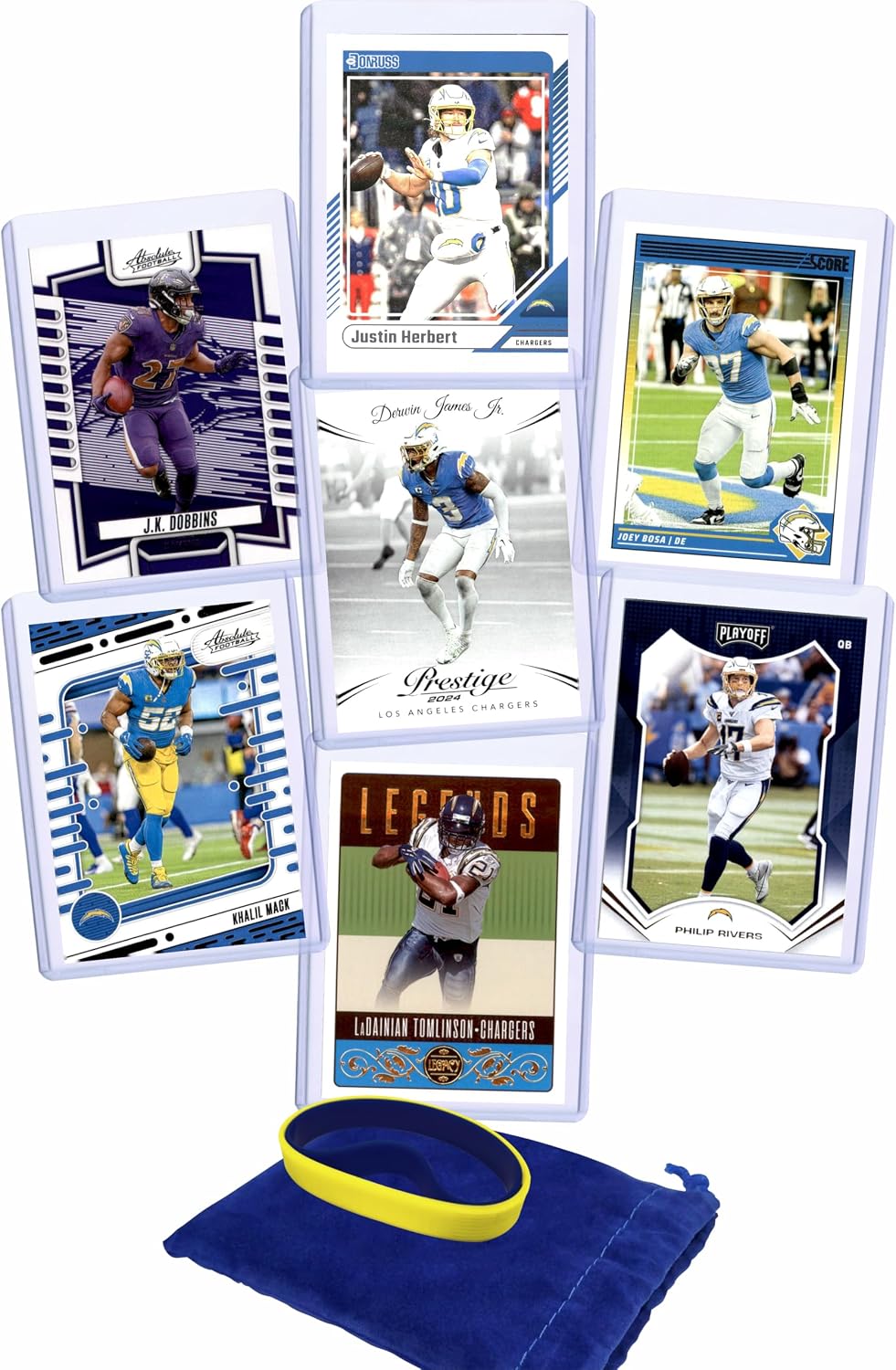 Los Angeles Chargers Cards: Justin Herbert, J. K. Dobbins, Derwin James, Joey Bosa, Khalil Mack, LaDainian Tomlinson, Philip Rivers ASSORTED Football Stars & GOATs Trading Card & Wristbands Gift Pack