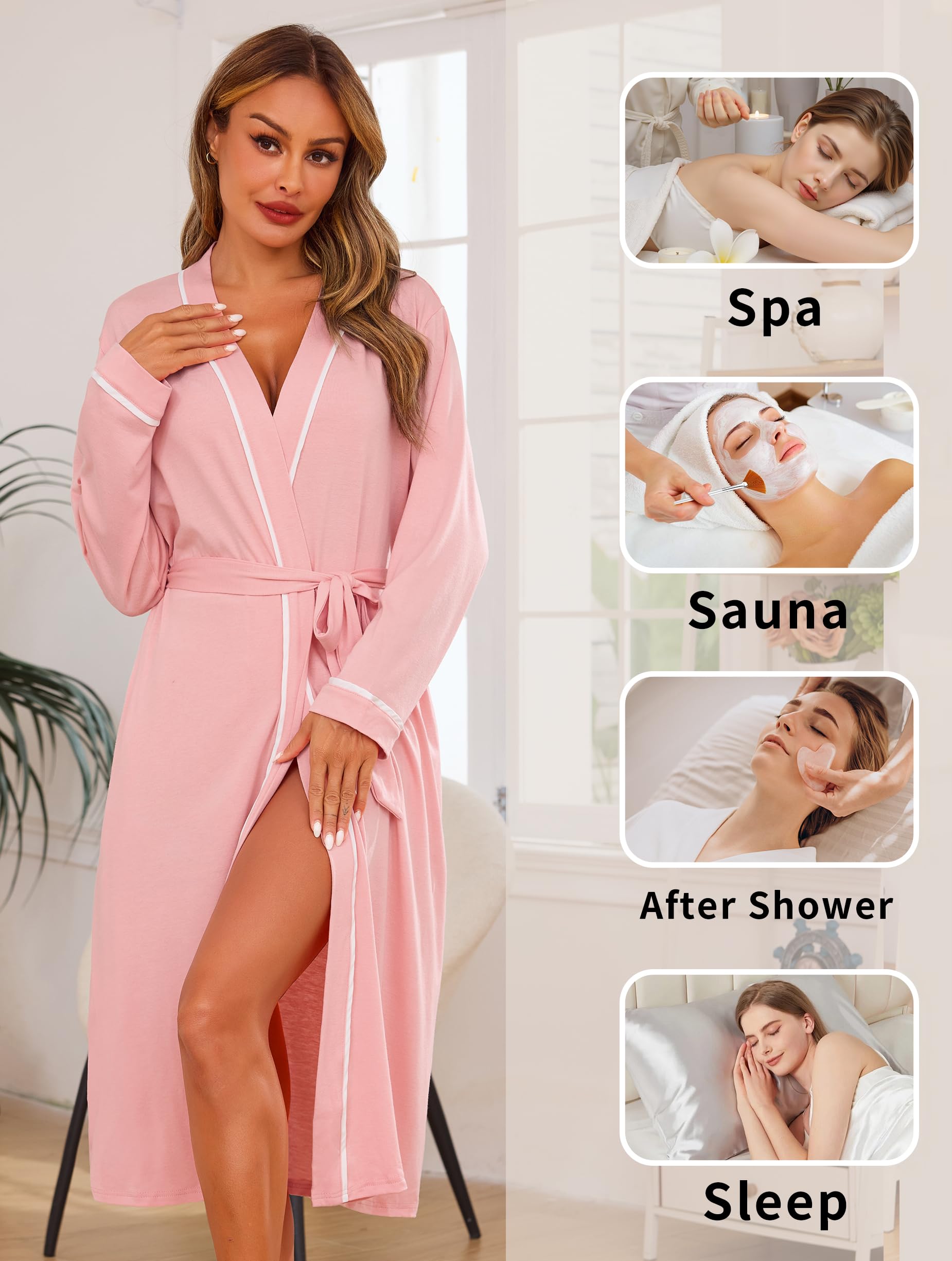 Vlazom Peignoir Femme Long et Confortable Ceinture Adjustable et Bordure à Motifs Blanc Idéal pour la Maison