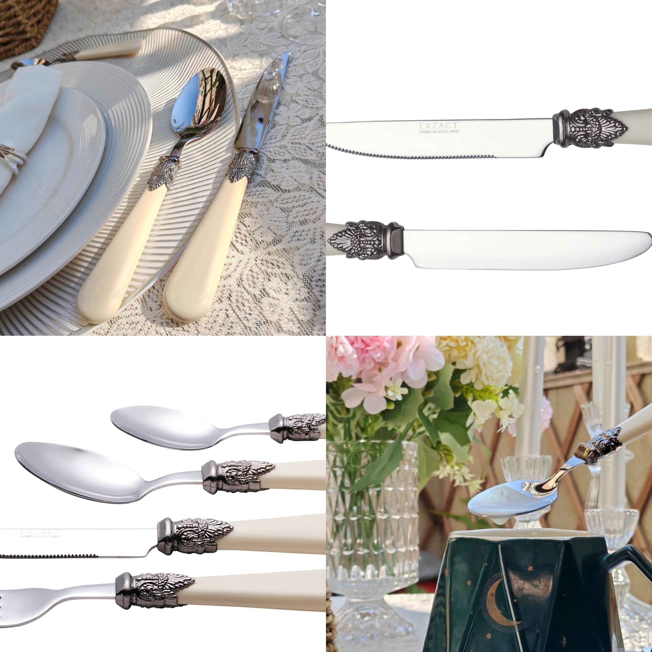 EXZACT Ensemble de couverts crème ivoire 24 PCS, acier inoxydable avec poignée détaillée, traditionnel, élégant, Vintage Style/Antique (WF28-24CRM)