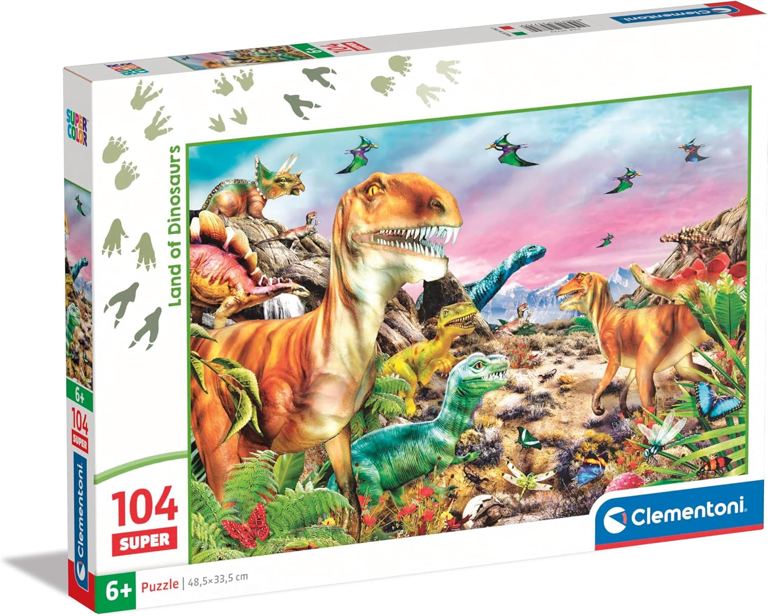 Clementoni - Supercolor Land of Dinosaurs-104 Pieces Children 6 Years, Puzzle Animals, Dinosaurs, Illustration, Made in Italy, Multicoloured, 25779