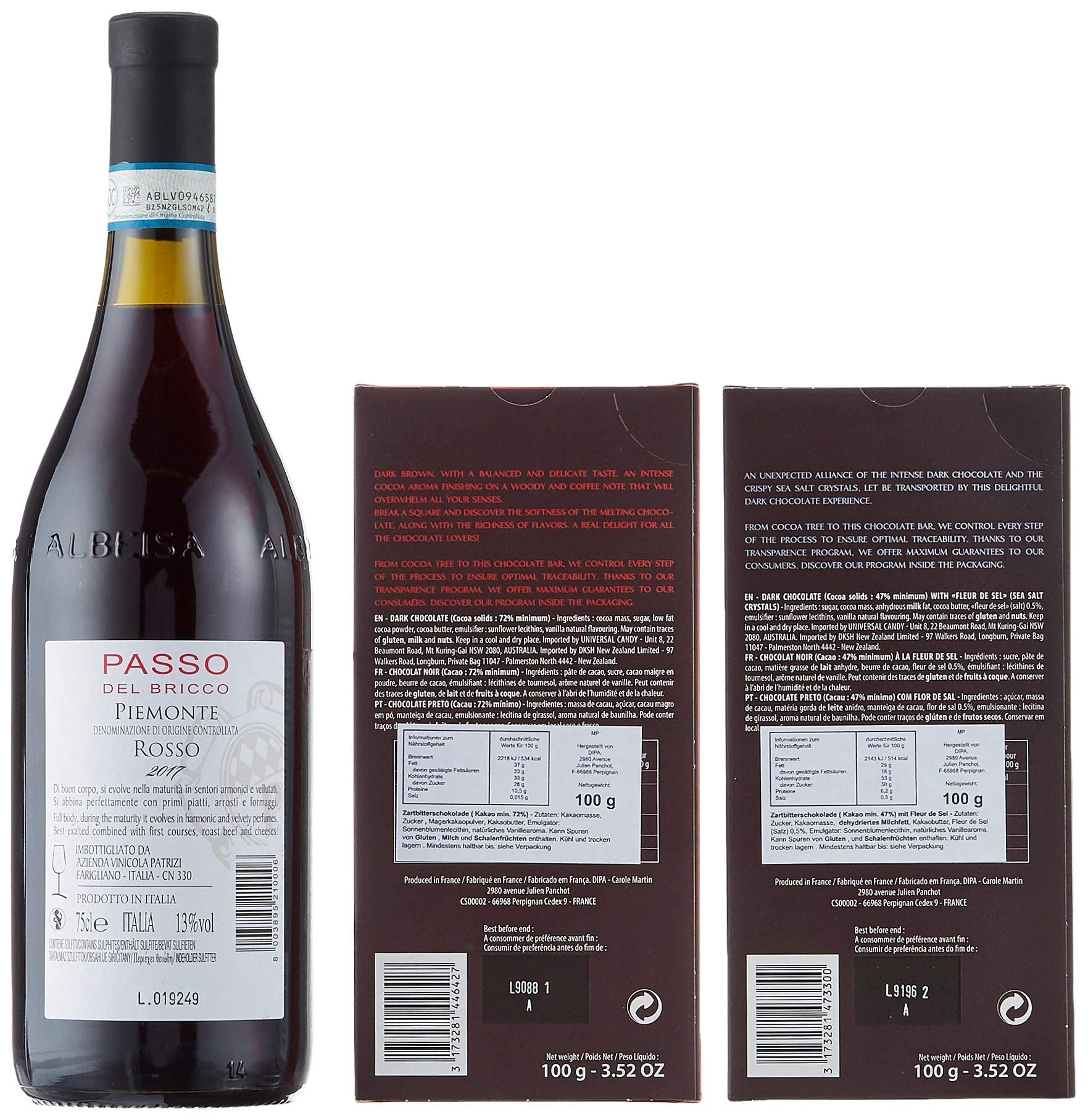 Präsentkorb „Gaumenfreude“ als Geschenkset & Geschenkset „Rosso Passo“ mit Wein und Schokolade | Italienischer Rotwein Rosso Passo & Französische Schokoladen in Präsentverpackung