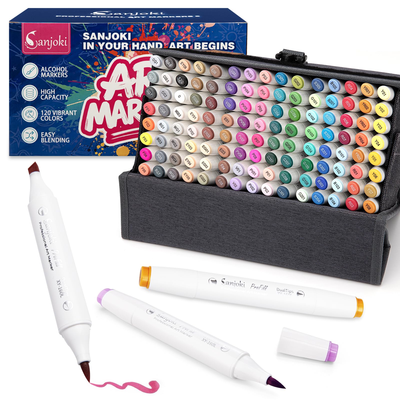 Profill - Set di 120 pennarelli colorati con pennello e punta fine, inchiostro più grande, capacità massima costruita per creatori, artisti, adulti, illustrazioni da colorare