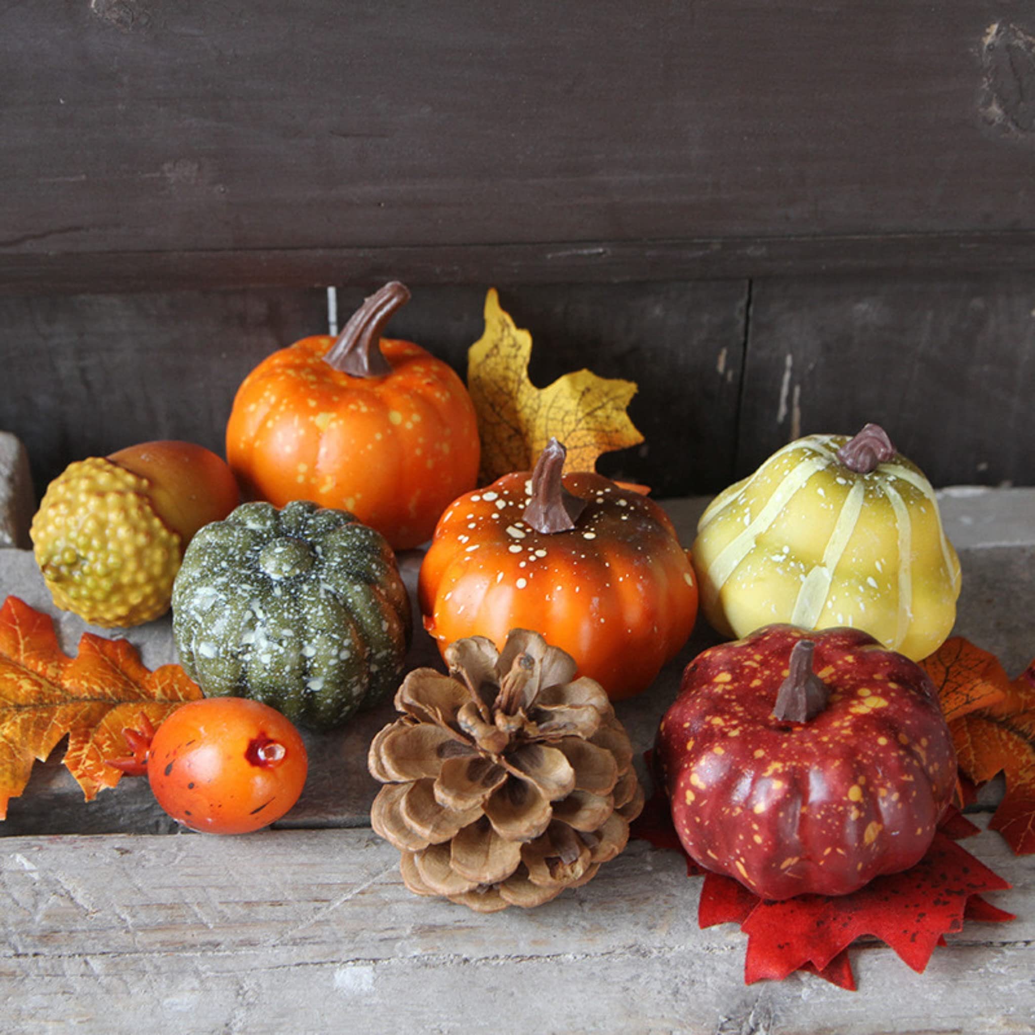 8 PCS Assorted Sizes Rustic Harvest Pumpkins for Halloween with Leaves Harvest Orange Artificial Pumpkins for Fall Halloween Thanksgiving Decorating Embellishing and Displaying Autumn Fall Theme