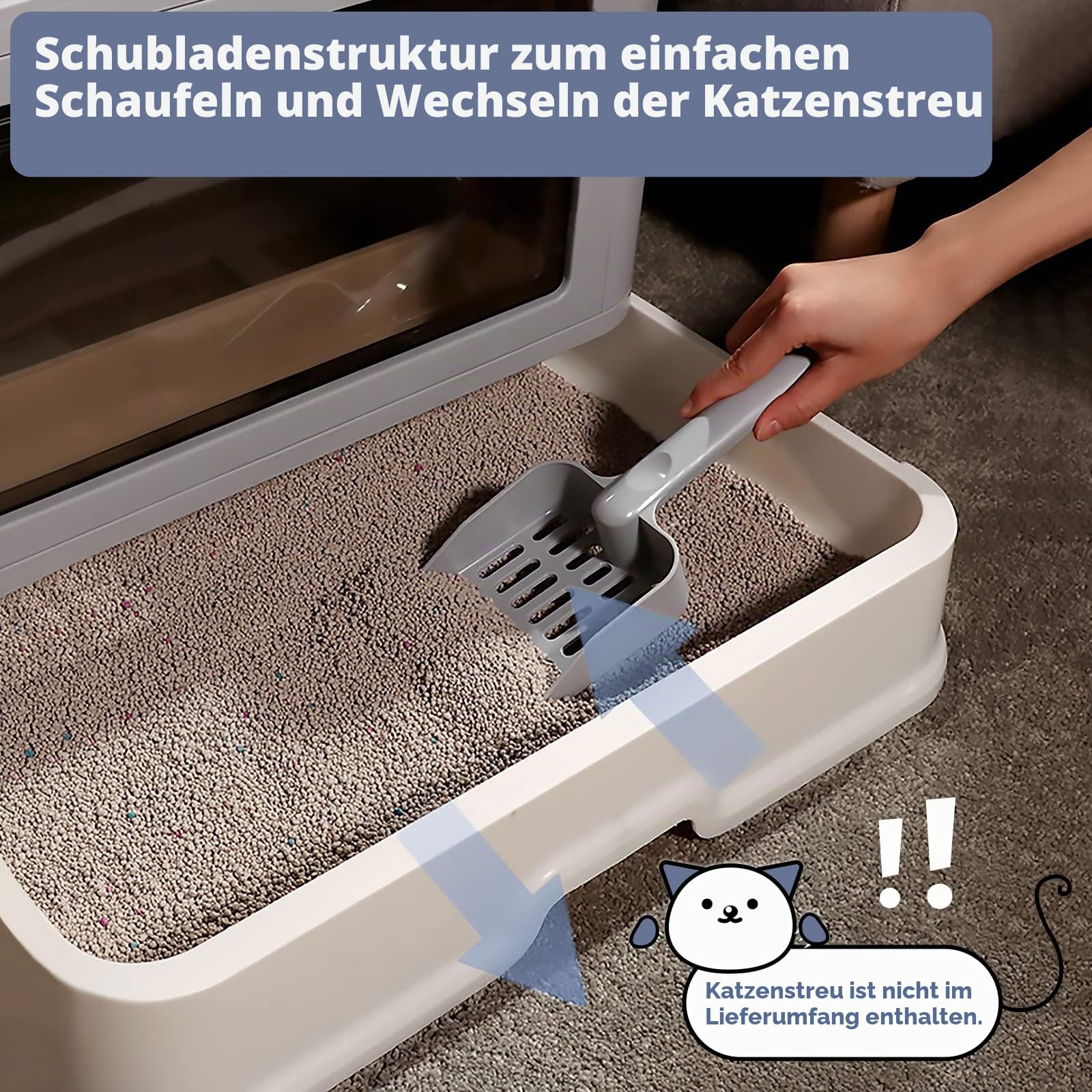 Faltbare Katzentoilette mit Deckel vorne und oben Ausgang, Katzentoilette, Aufbewahrung und Fellbürste, Design, Schubladenart, Katzenklo für Katzen, großes Fassungsvermögen, Grau
