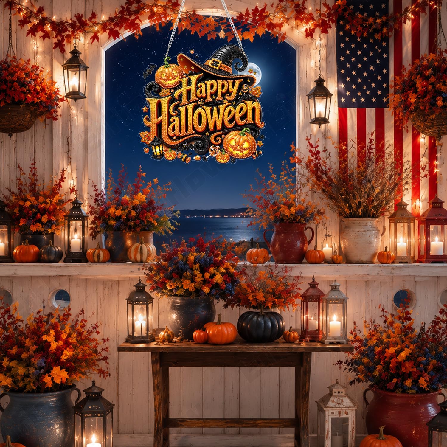 Eiflow Hanging Diamond Art Kit for Adults Halloween DIY Acrylic Diamonds Painting Hanging Pendant Kit, Special Crystal Diamond Art Painting Window Home Door Wall Hanging Ornament (Happy Halloween)
