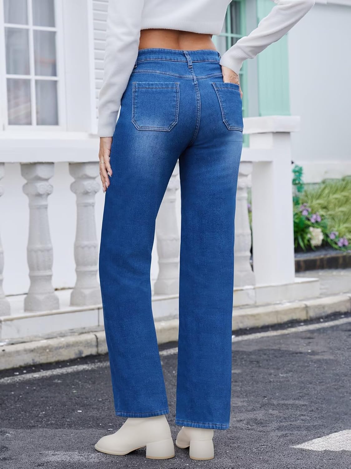 Fleece Lined Jeans Women Straight Leg High Waist Lined Jeans Winter Denim Pants for Women with Patch Pockets - Image 3