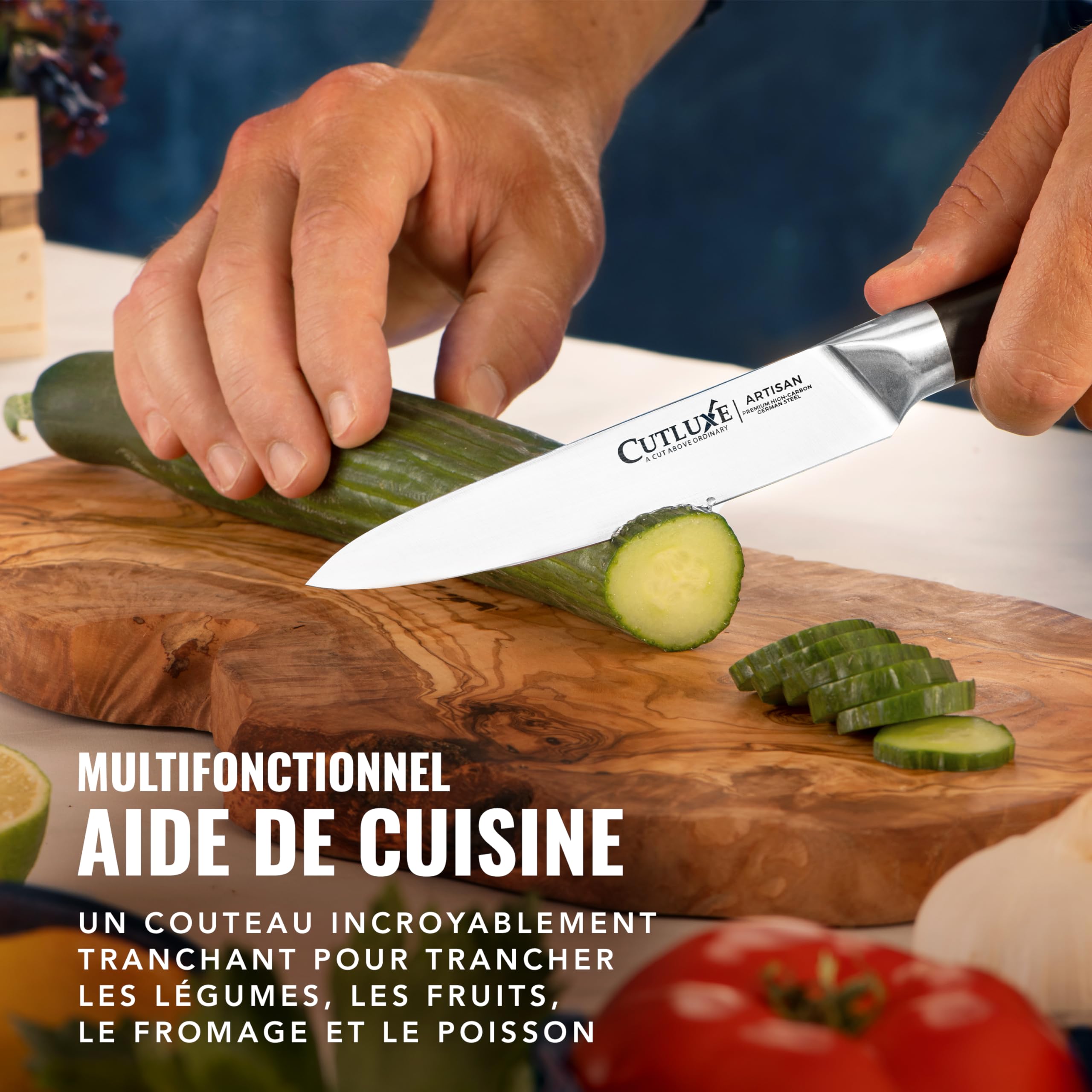Cutluxe Set 5 Couteaux de Cuisine – Acier Allemand, Ultra Tranchant | Pleine soie et poignées ergonomiques; lames en carbone pour chef, légumes et viande; coffret garantie à vie