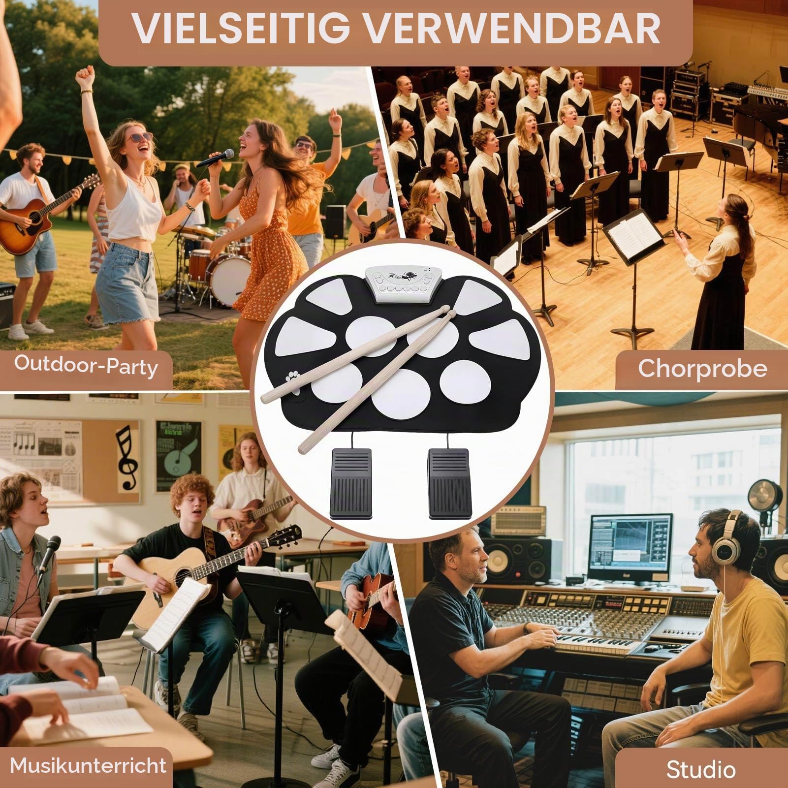Schlagzeug Elektronisch, 15,4x11 Zoll E-Drum-Sets Aufrollbar Elektronisches Schlagzeug für Erwachsene Studenten Anfänger, 9 Pads Tragbares Roll-up E-Drum Kit mit Schlagzeugstock Fußpedal USB-Kabel