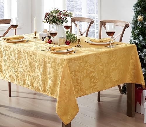 Miniatura 3 de Newbridge Mantel de damasco navideño "Christmas Carol", tejido de hoja de acebo y flor de pascua, resistente a la suciedad, sin arrugas, fácil